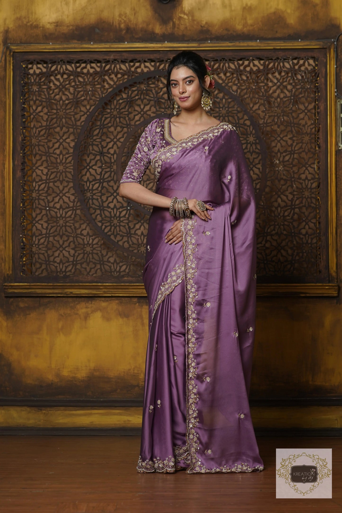 Lavender Hand embroidered Saree kreationbykj