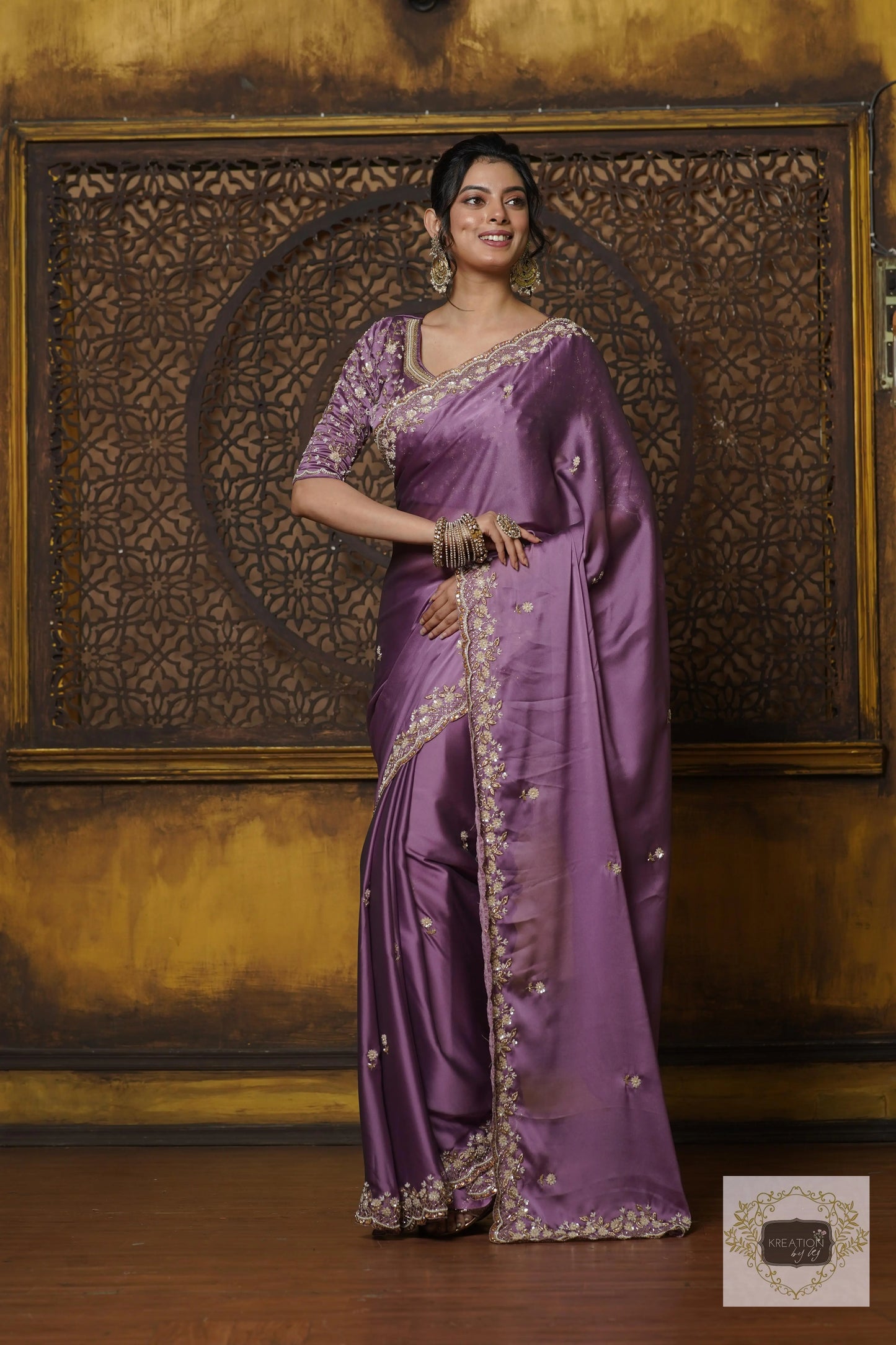 Lavender Hand embroidered Saree kreationbykj