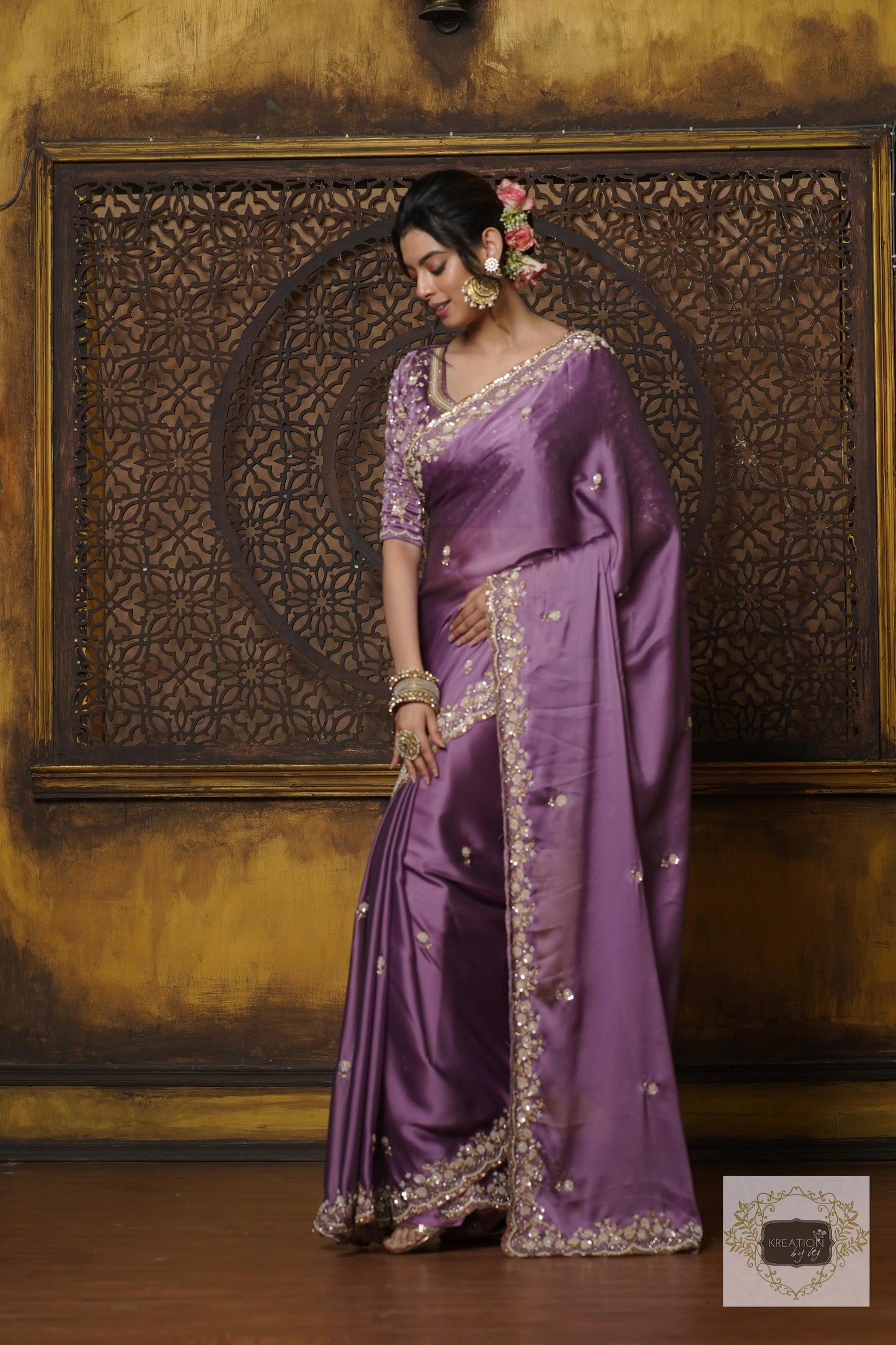 Lavender Hand embroidered Saree kreationbykj