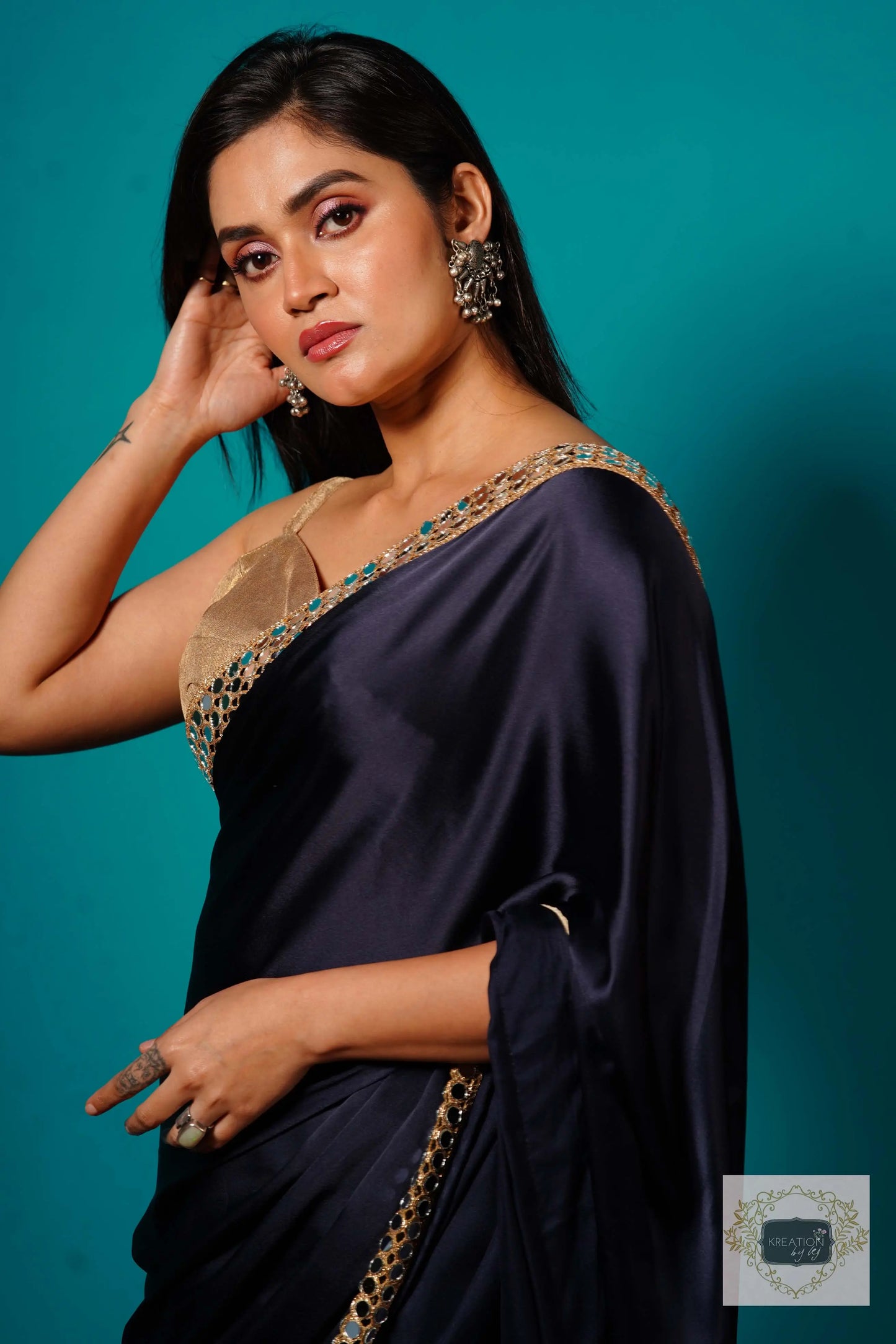Deep Blue Satin Silk Saree with Cut Mirror Border kreationbykj