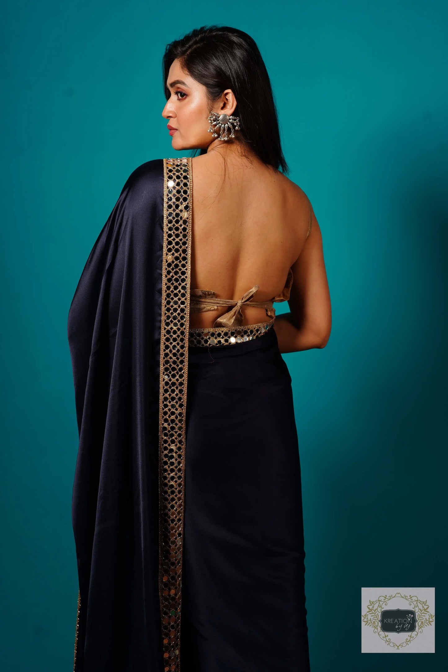Deep Blue Satin Silk Saree with Cut Mirror Border kreationbykj