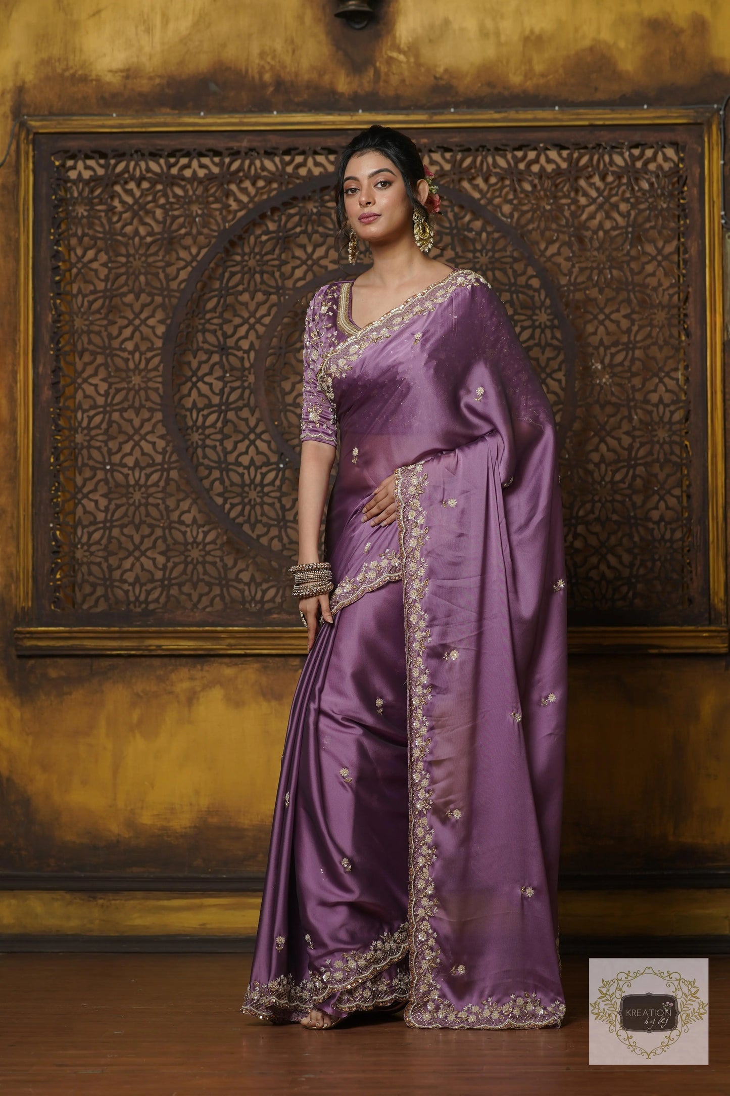 Lavender Hand embroidered Saree kreationbykj