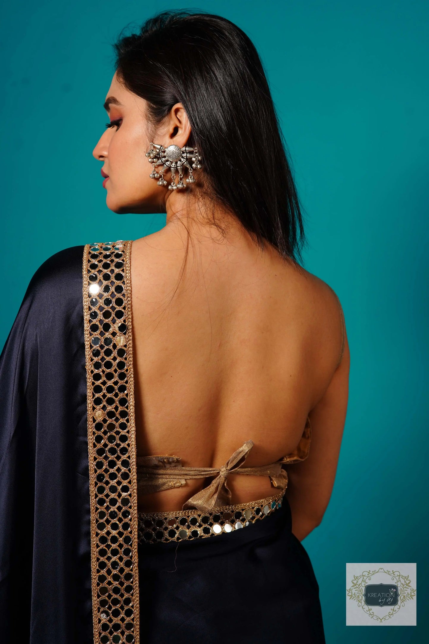 Deep Blue Satin Silk Saree with Cut Mirror Border kreationbykj