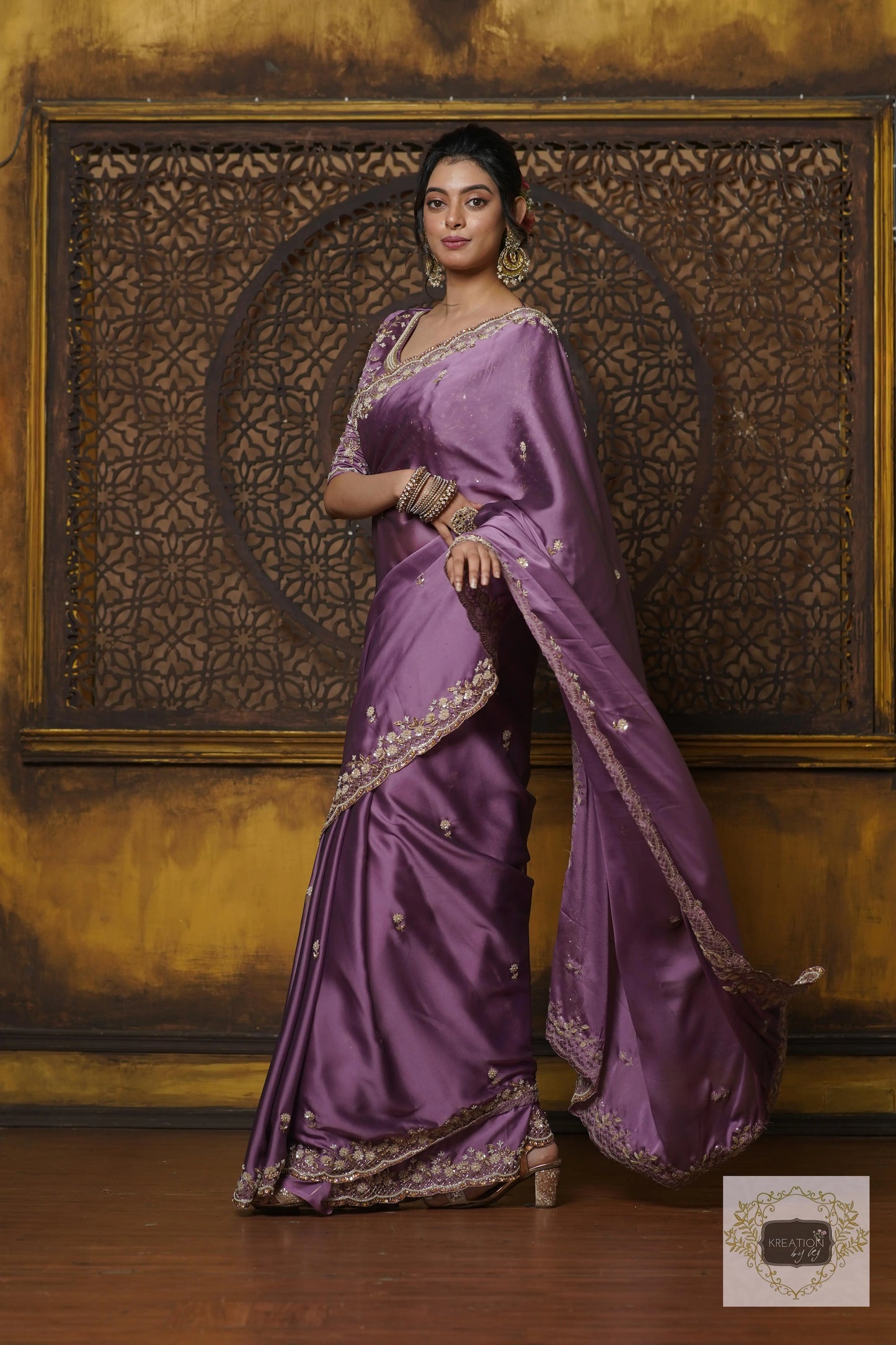 Lavender Hand embroidered Saree kreationbykj