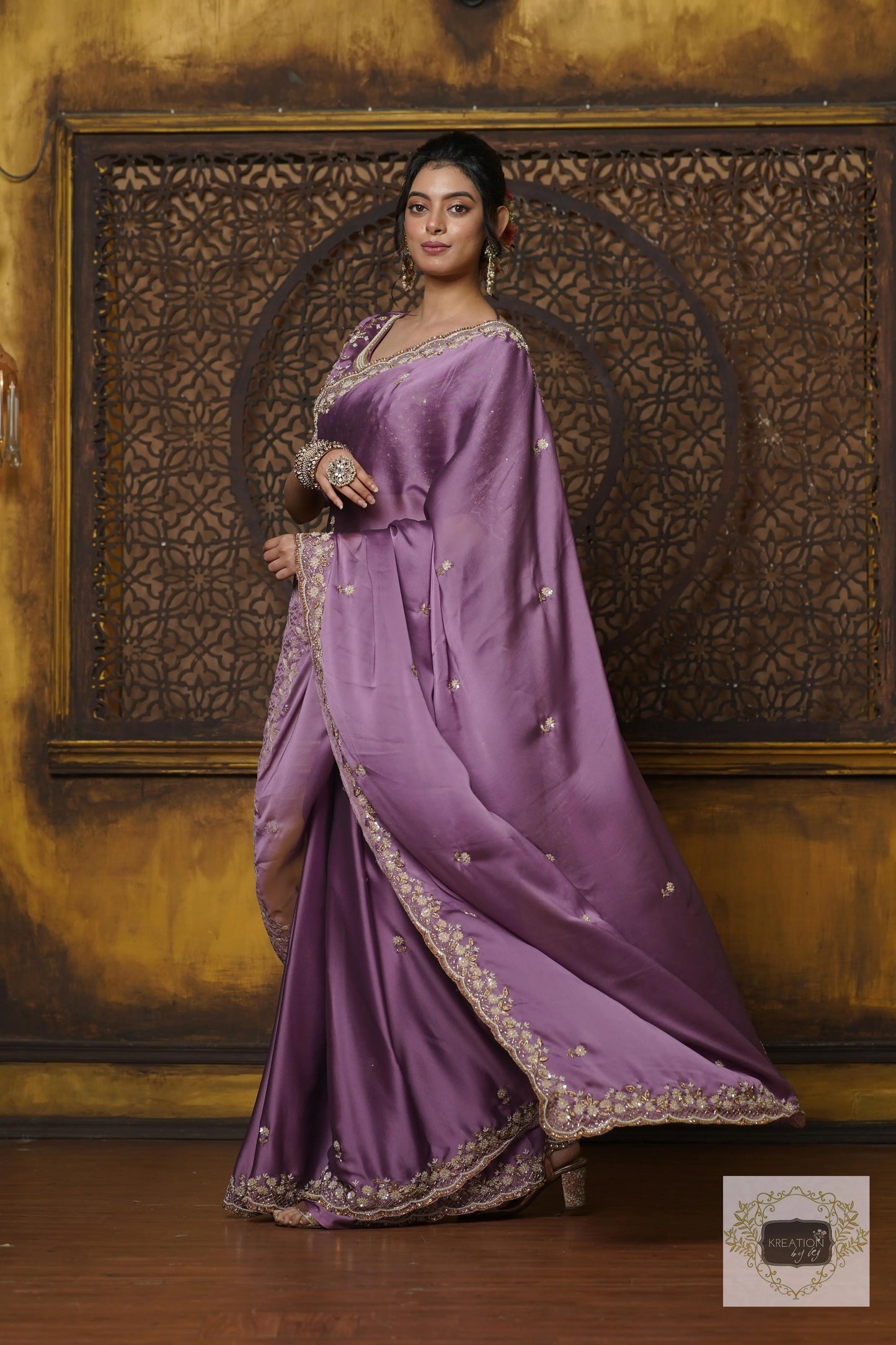 Lavender Hand embroidered Saree kreationbykj
