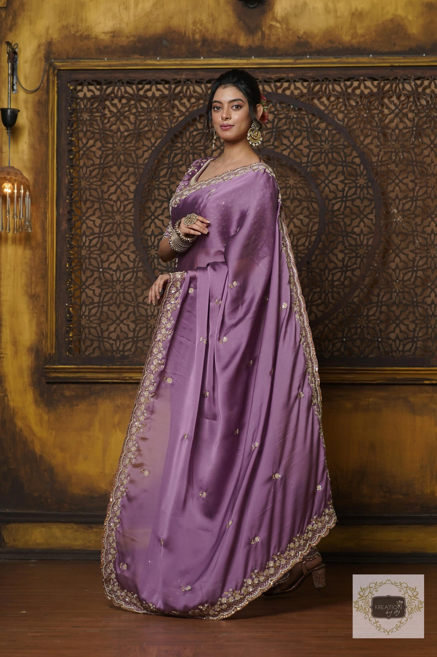 Lavender Hand embroidered Saree kreationbykj