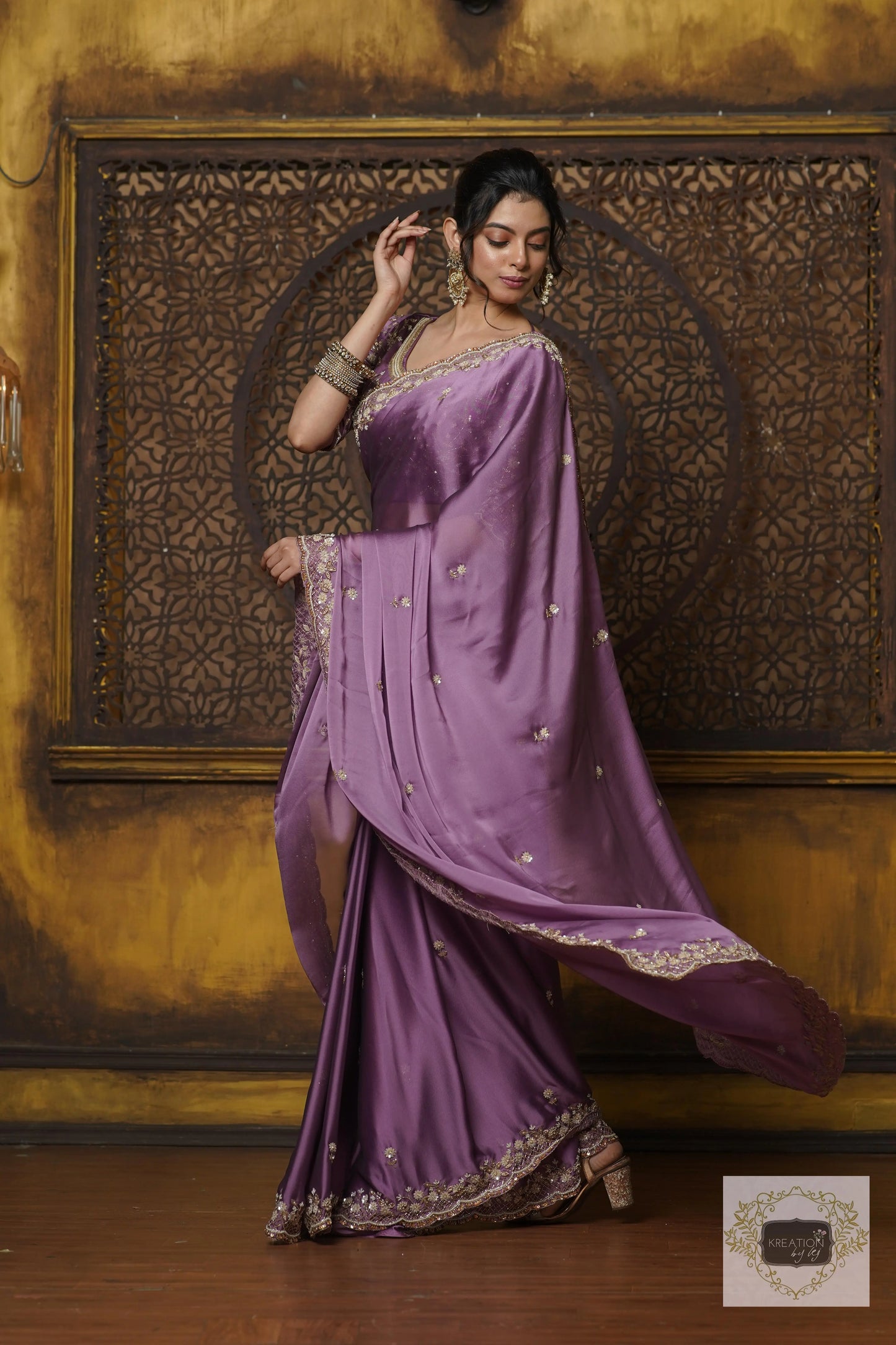 Lavender Hand embroidered Saree kreationbykj