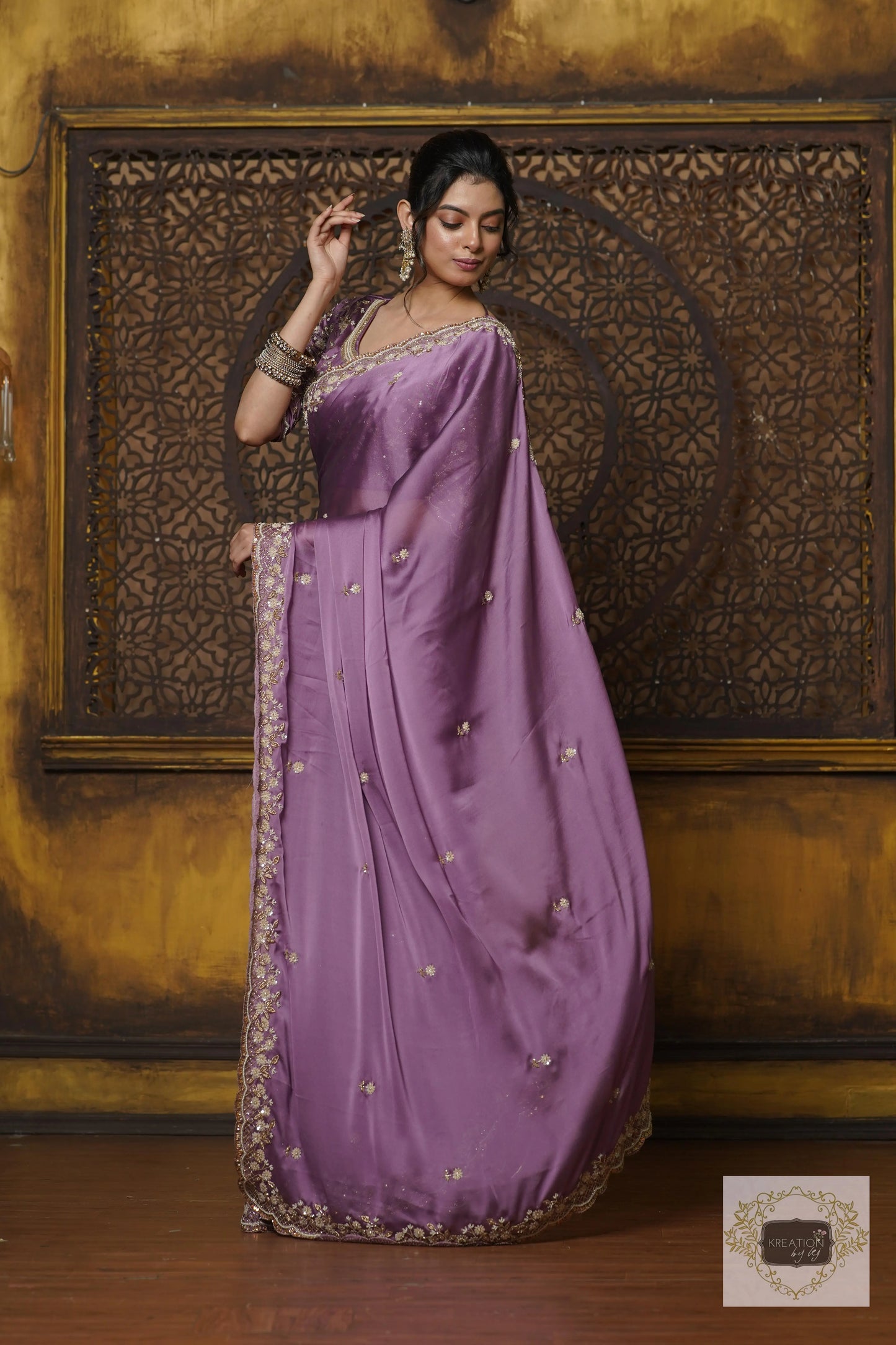 Lavender Hand embroidered Saree kreationbykj