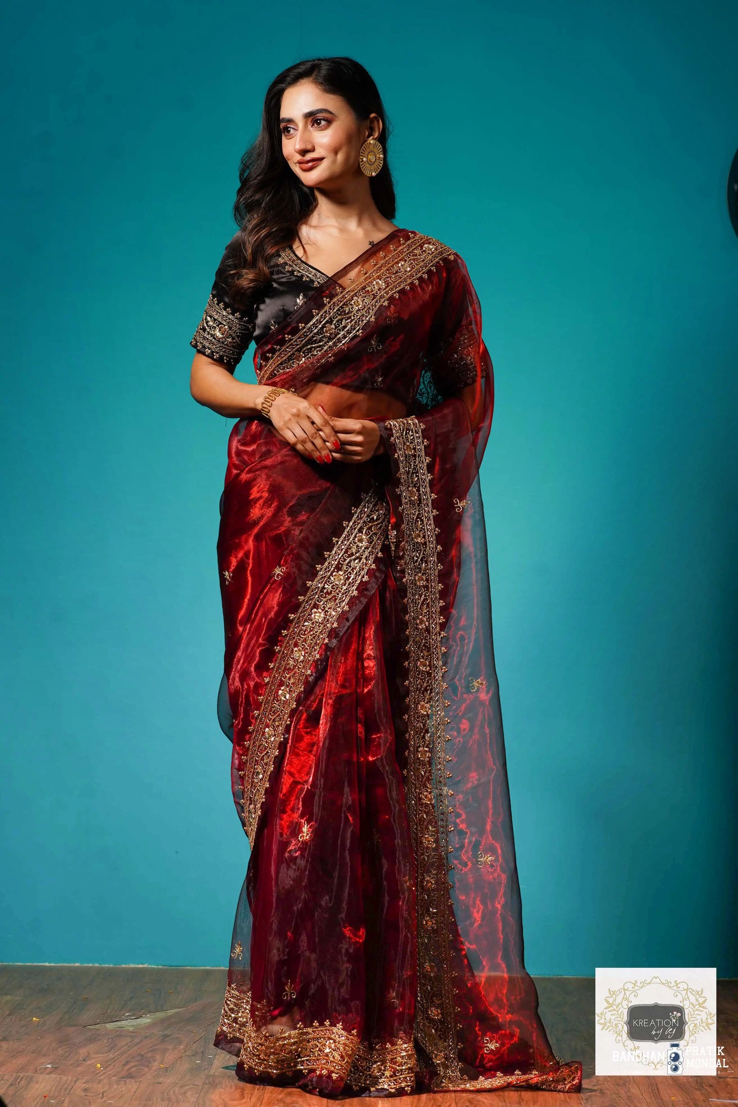 Maroon Glass Tissue Zarina Wedding Saree kreationbykj