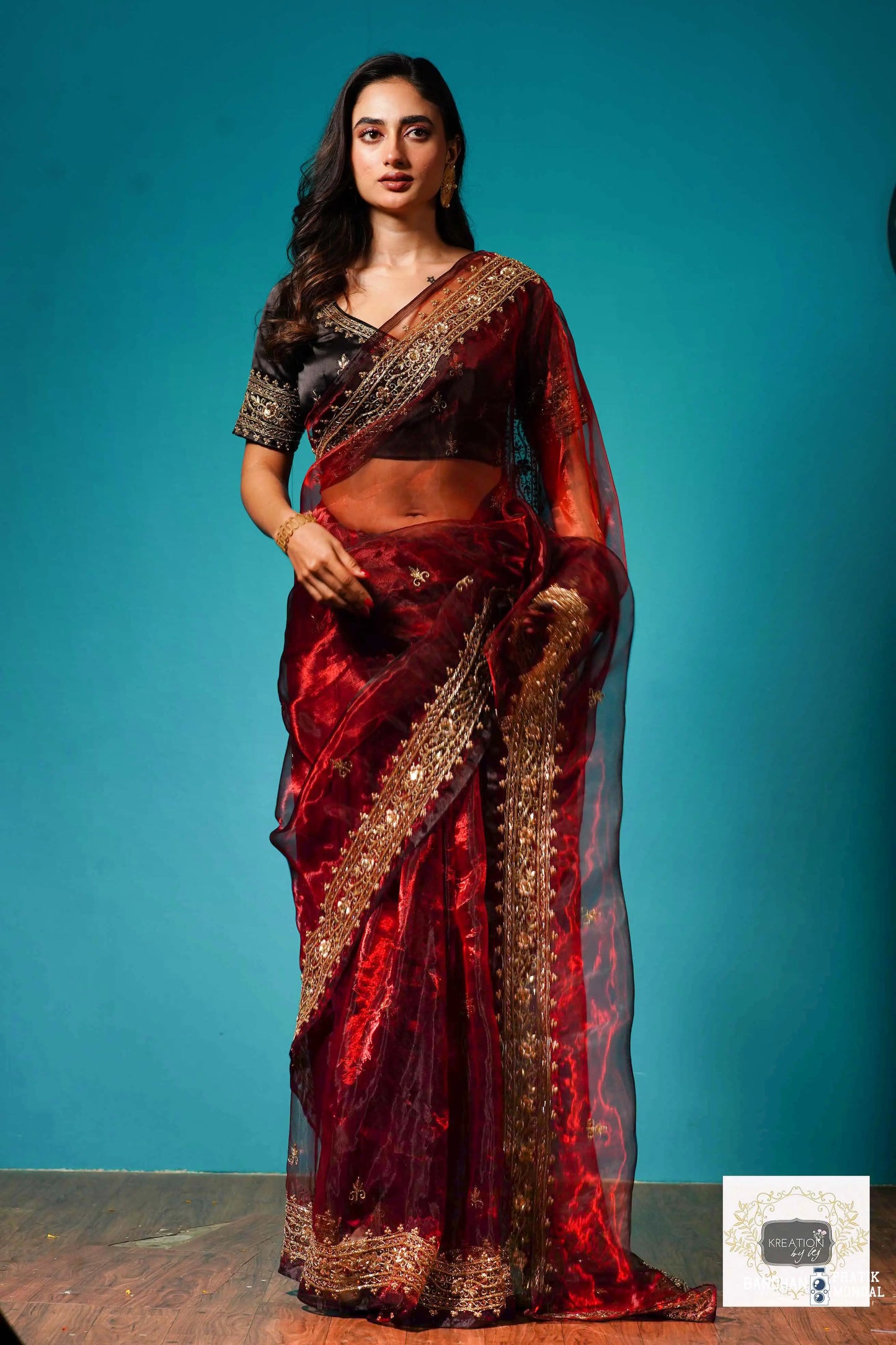 Maroon Glass Tissue Zarina Wedding Saree kreationbykj