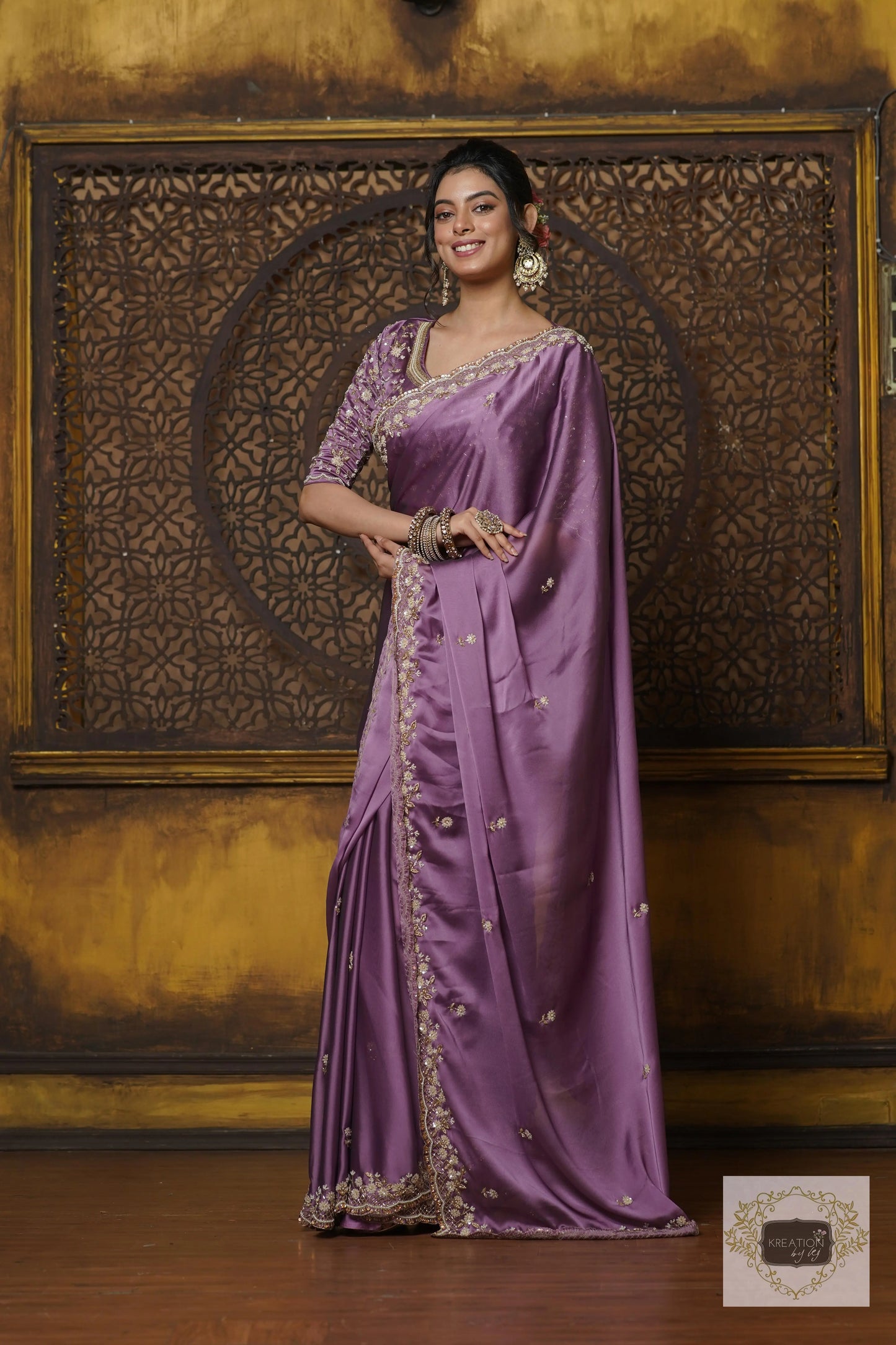 Lavender Hand embroidered Saree kreationbykj