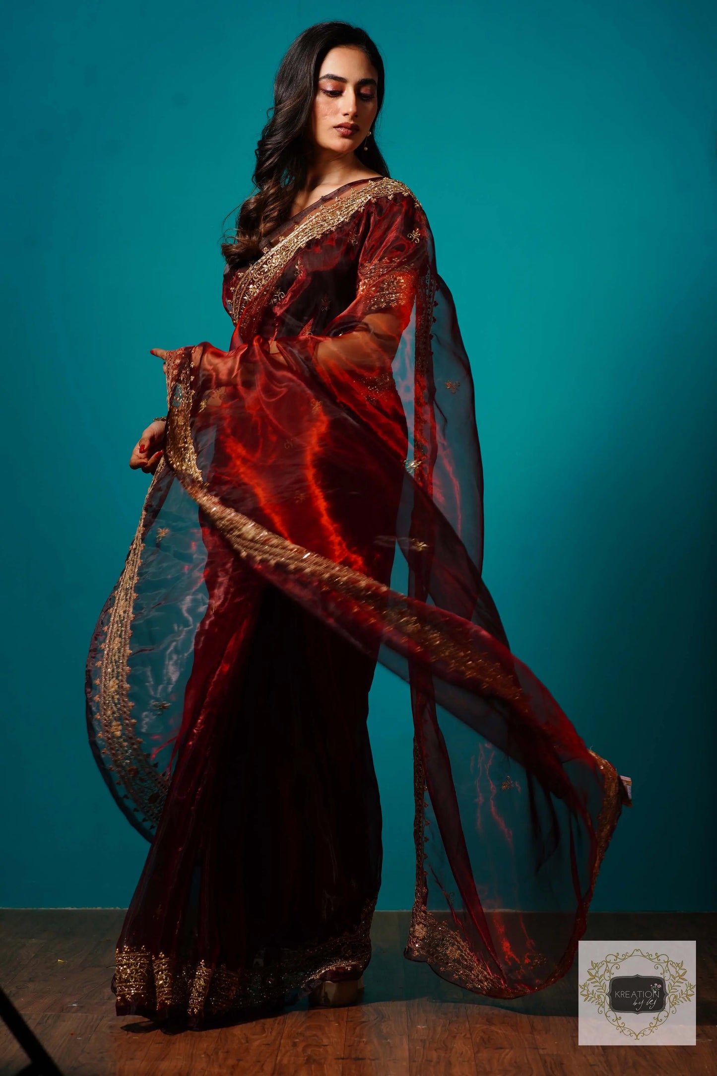 Maroon Glass Tissue Zarina Wedding Saree kreationbykj