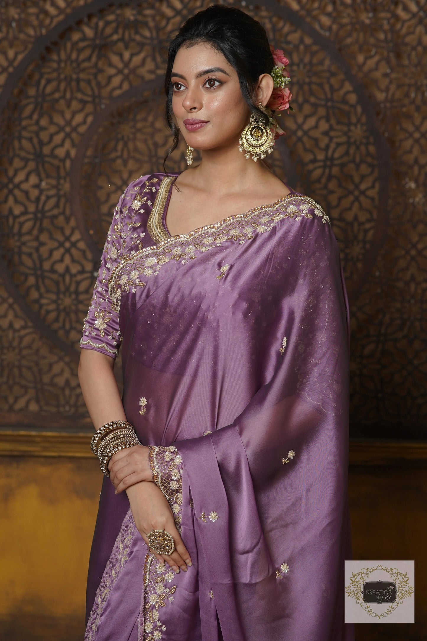 Lavender Hand embroidered Saree kreationbykj