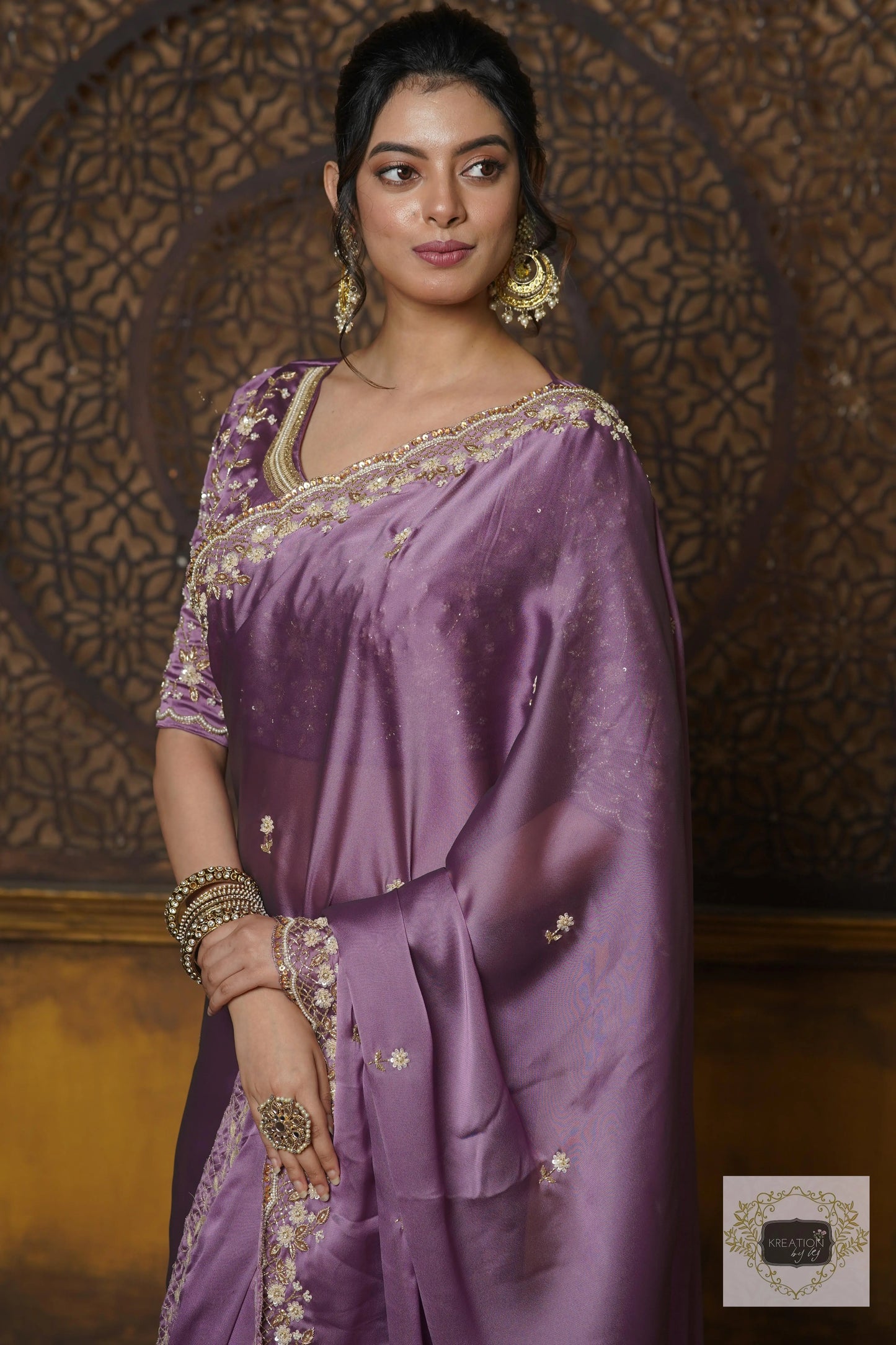 Lavender Hand embroidered Saree kreationbykj