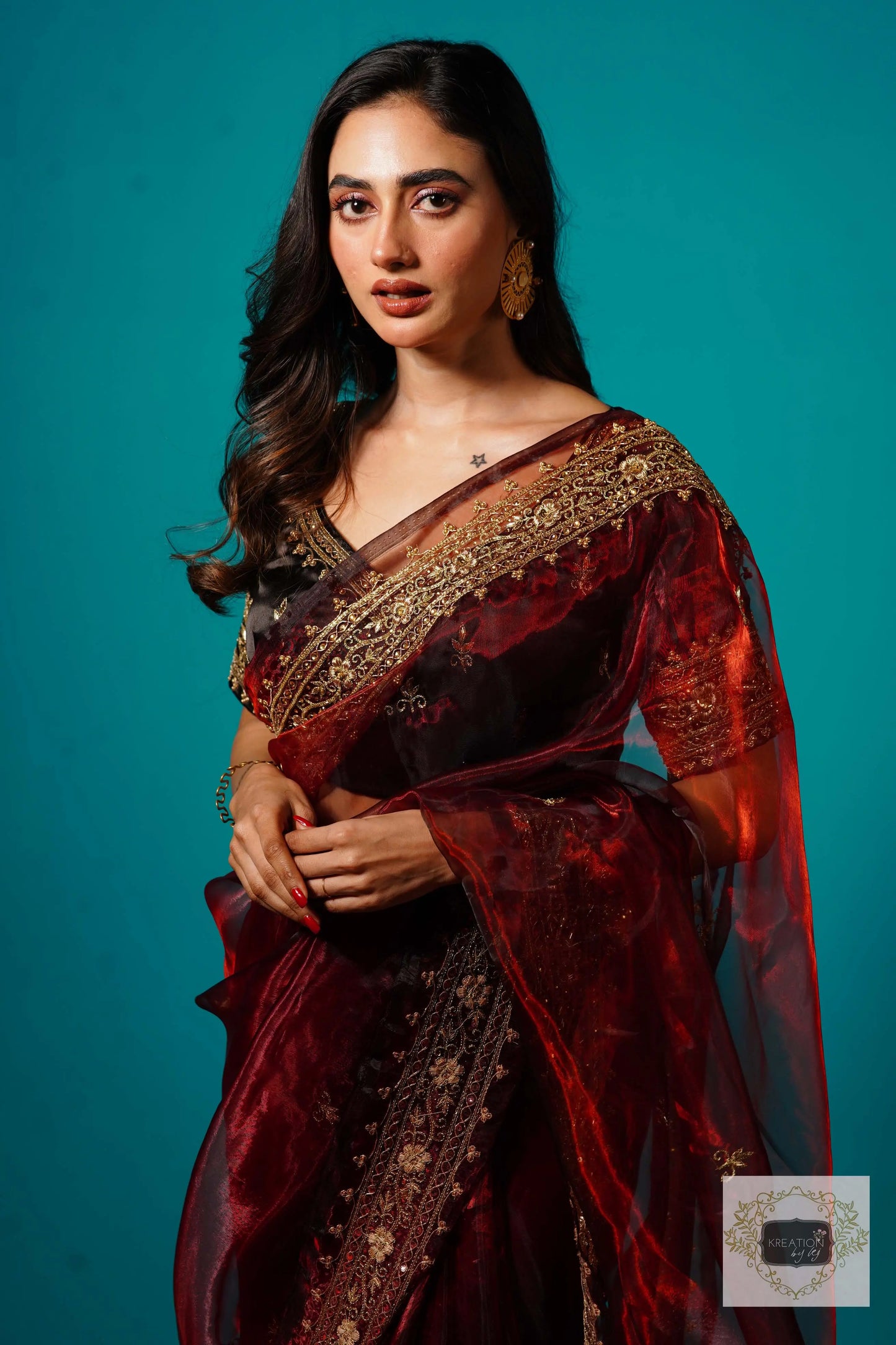 Maroon Glass Tissue Zarina Wedding Saree kreationbykj