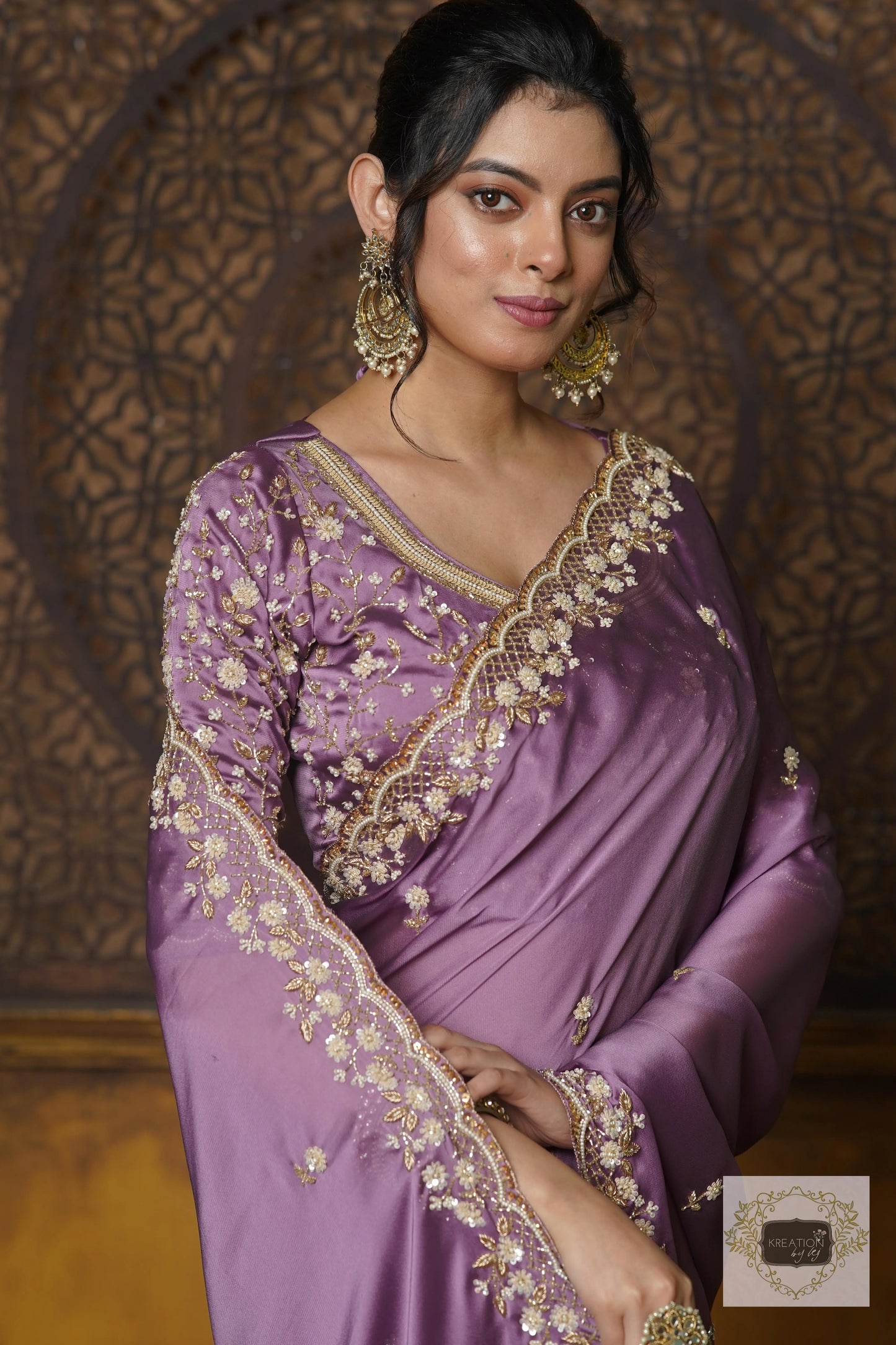 Lavender Hand embroidered Saree kreationbykj