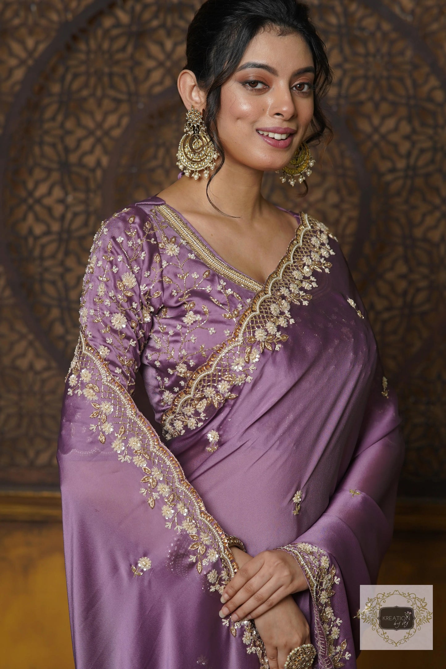 Lavender Hand embroidered Saree kreationbykj