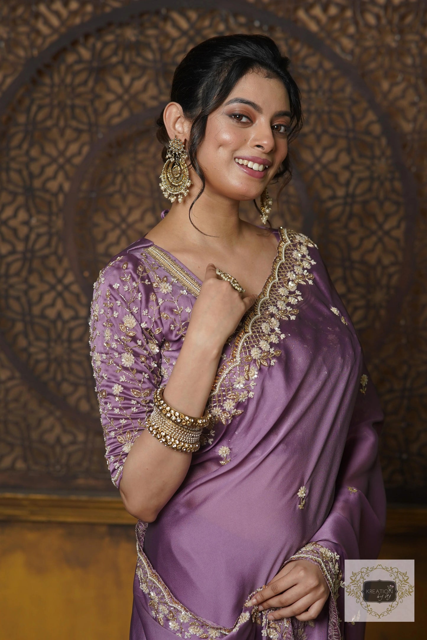 Lavender Hand embroidered Saree kreationbykj