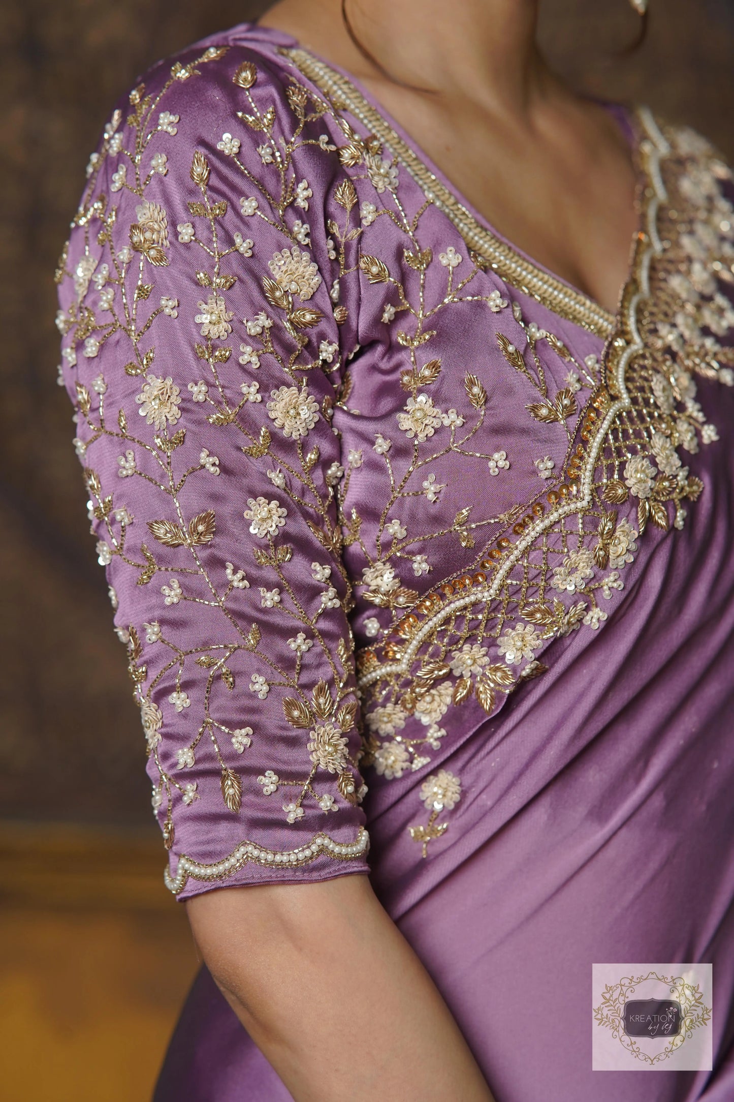 Lavender Hand embroidered Saree kreationbykj
