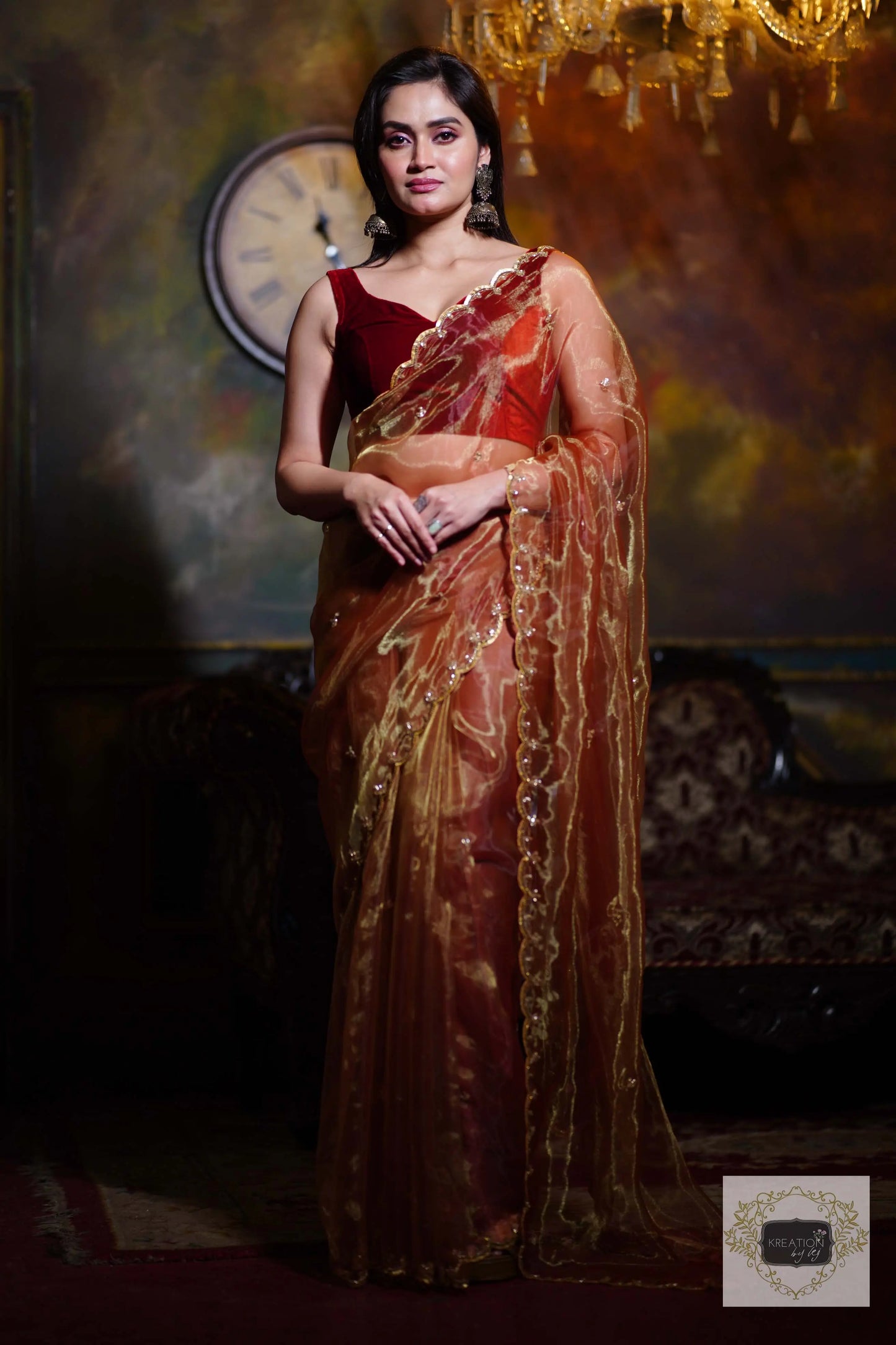 Golden Auburn Glass Tissue Piyali Saree kreationbykj