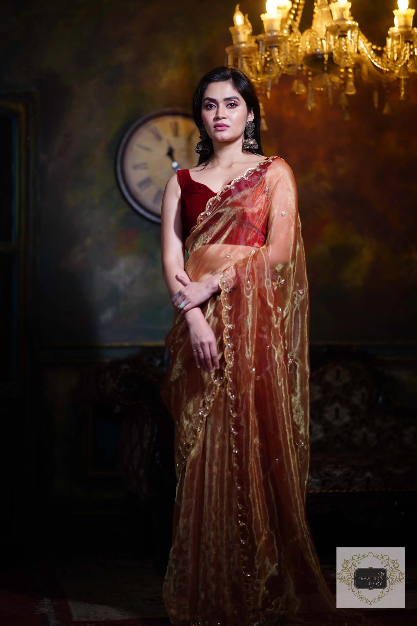 Golden Auburn Glass Tissue Piyali Saree kreationbykj