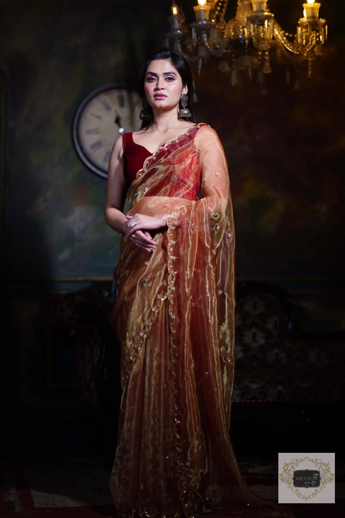 Golden Auburn Glass Tissue Piyali Saree kreationbykj