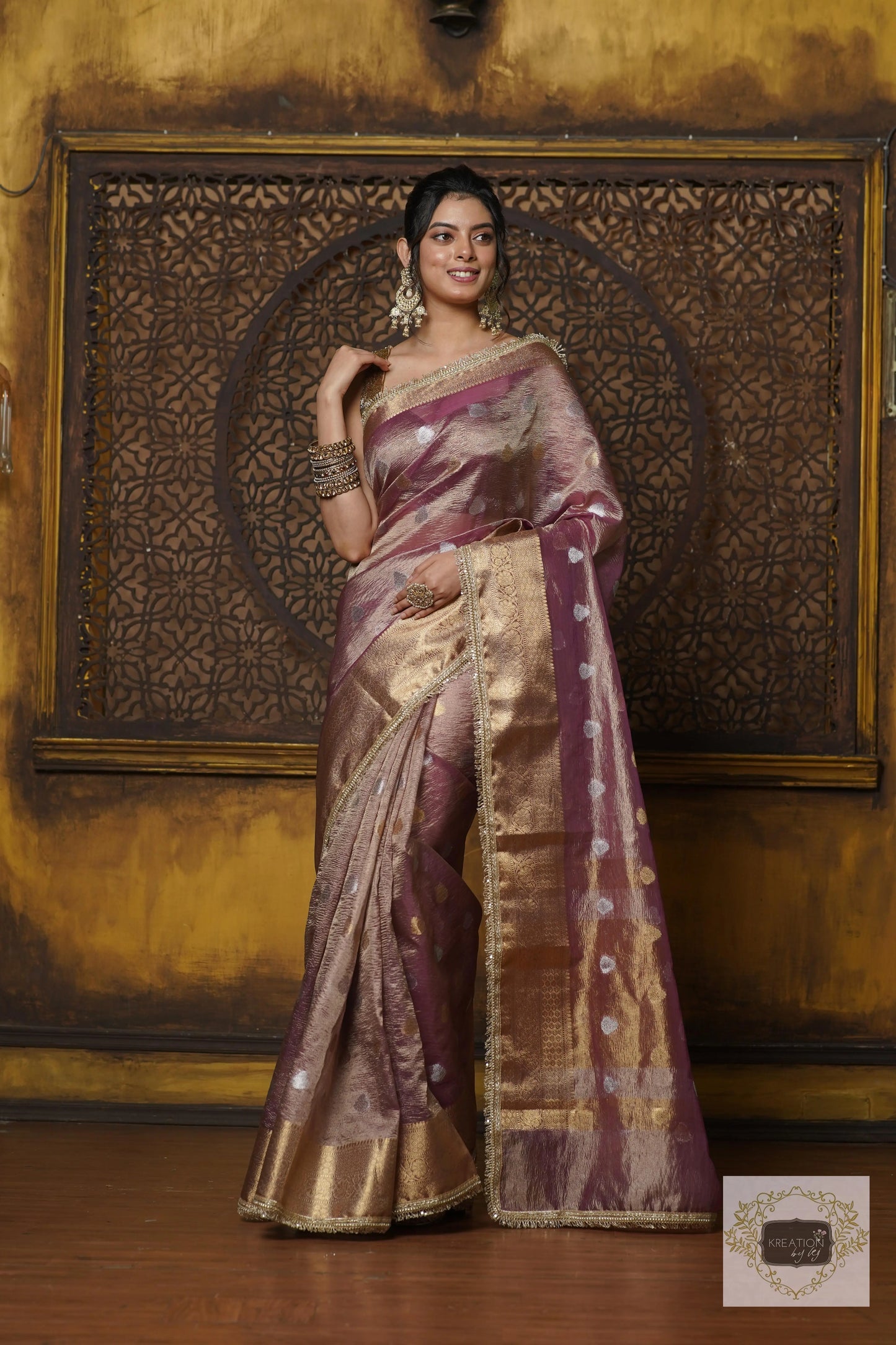 Light Purple Tissue Banarasi Saree with Golden Border kreationbykj