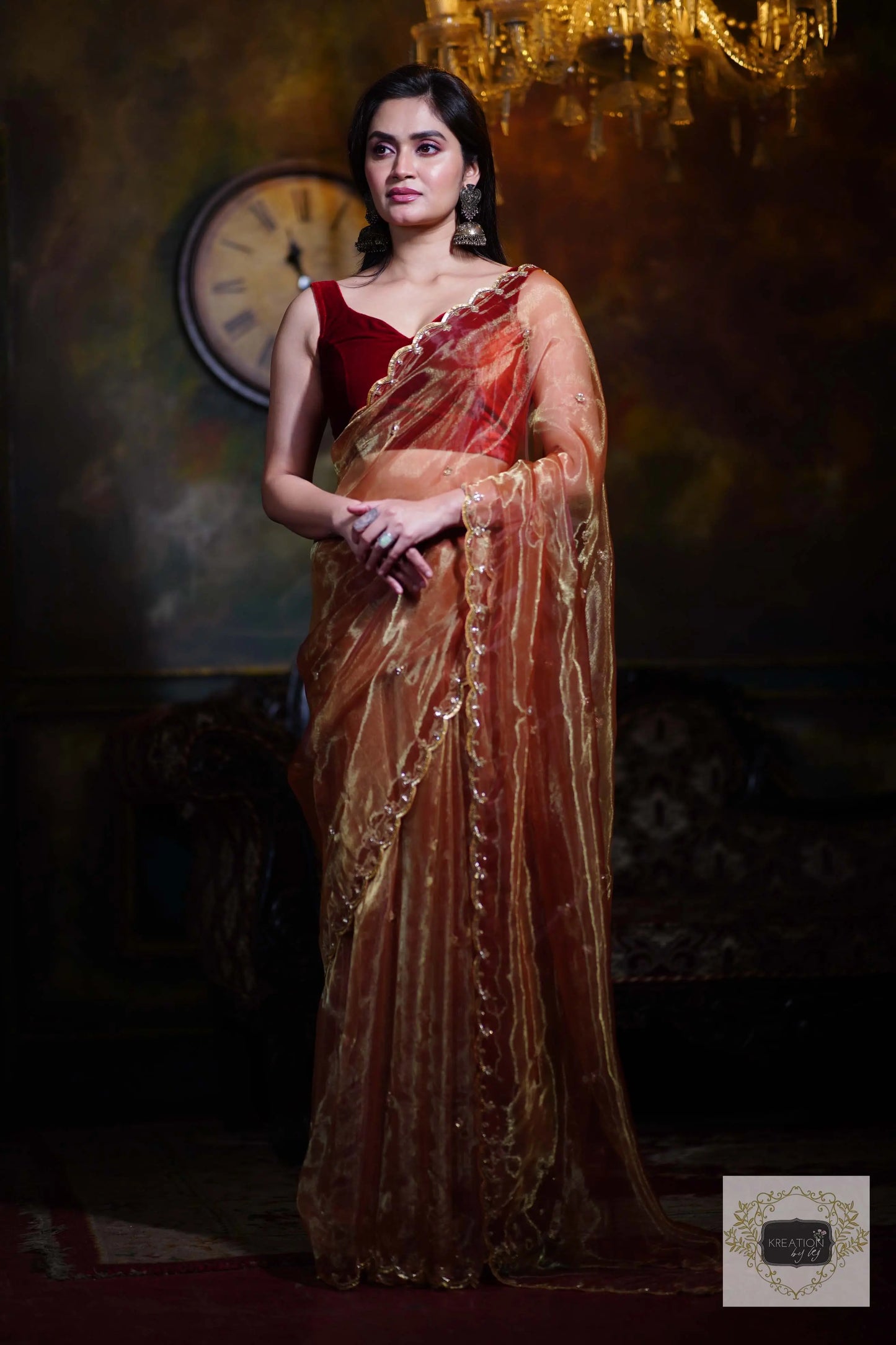 Golden Auburn Glass Tissue Piyali Saree kreationbykj