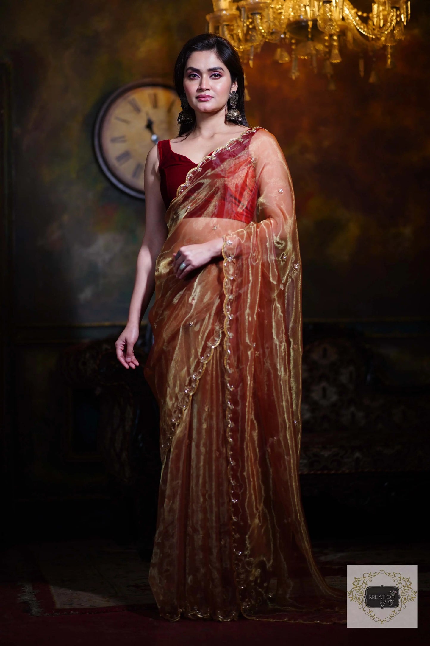Golden Auburn Glass Tissue Piyali Saree kreationbykj