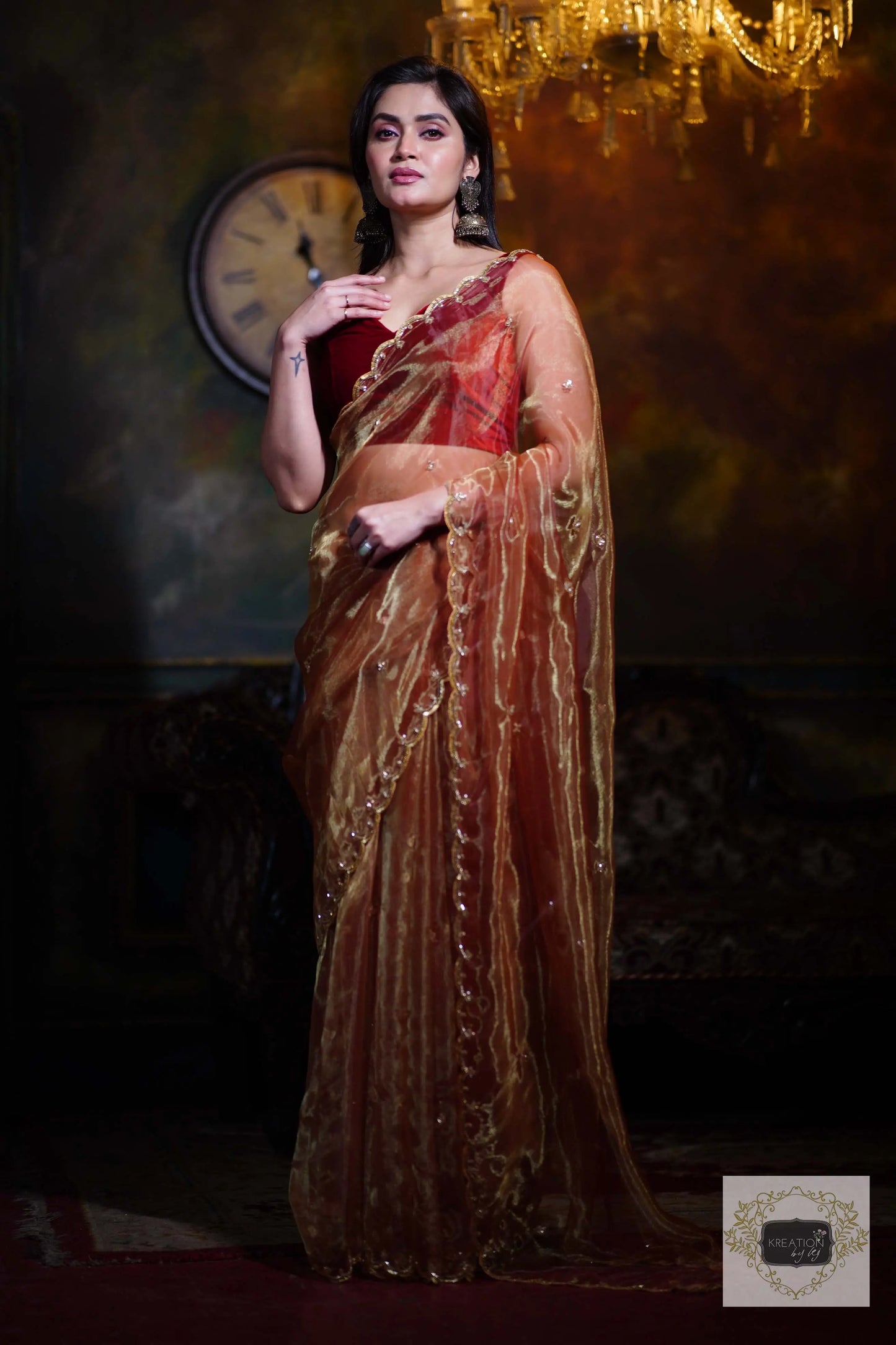 Golden Auburn Glass Tissue Piyali Saree kreationbykj
