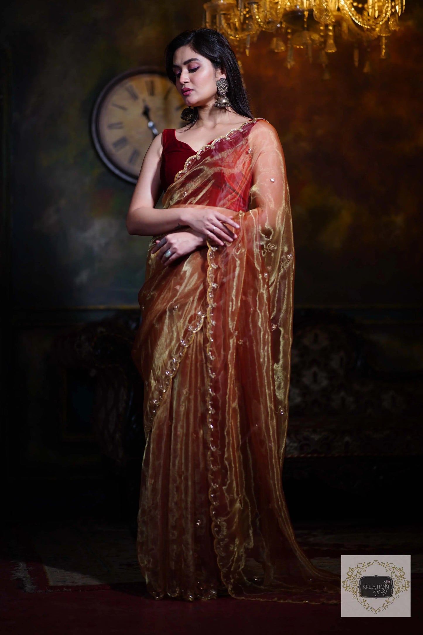 Golden Auburn Glass Tissue Piyali Saree kreationbykj
