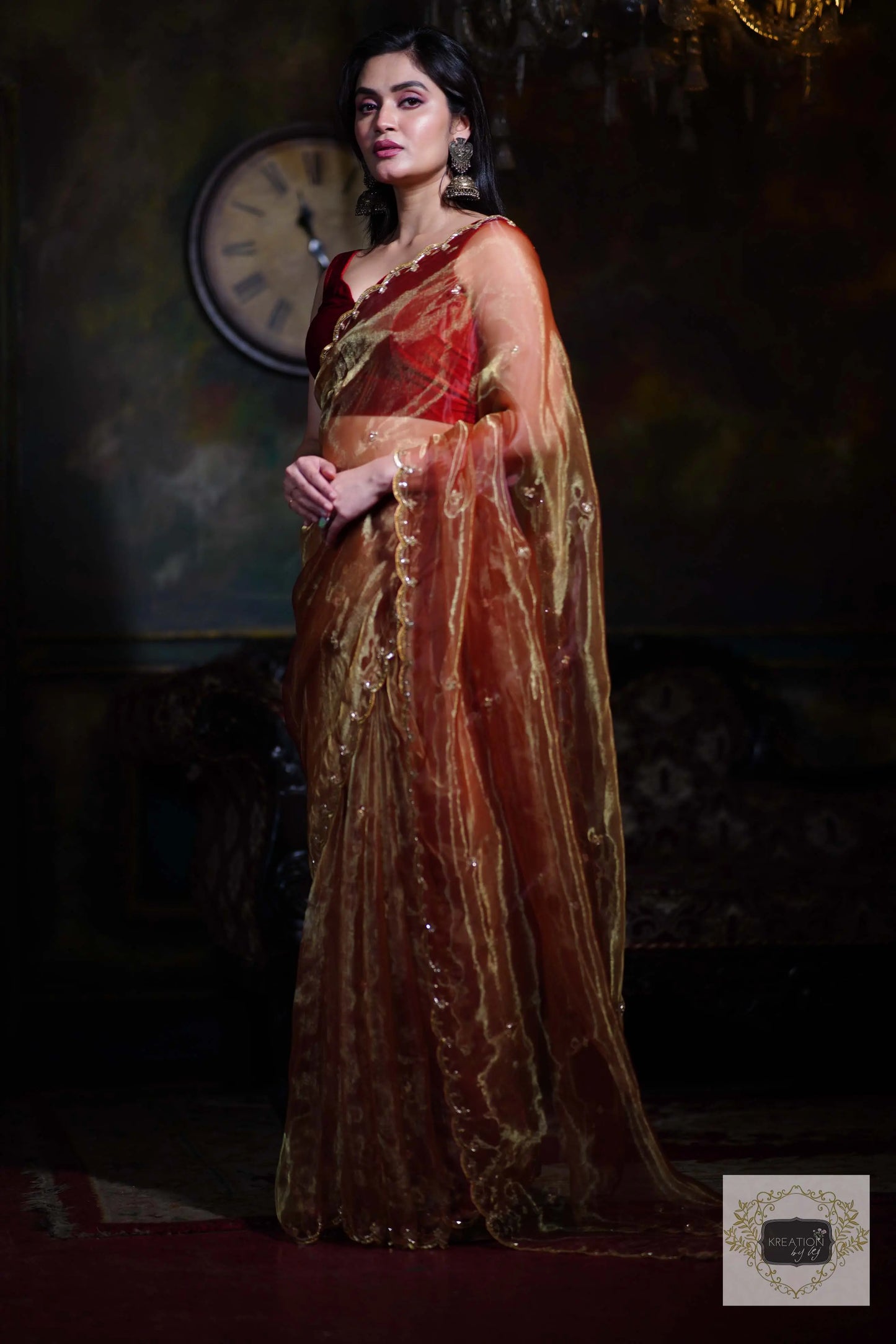 Golden Auburn Glass Tissue Piyali Saree kreationbykj