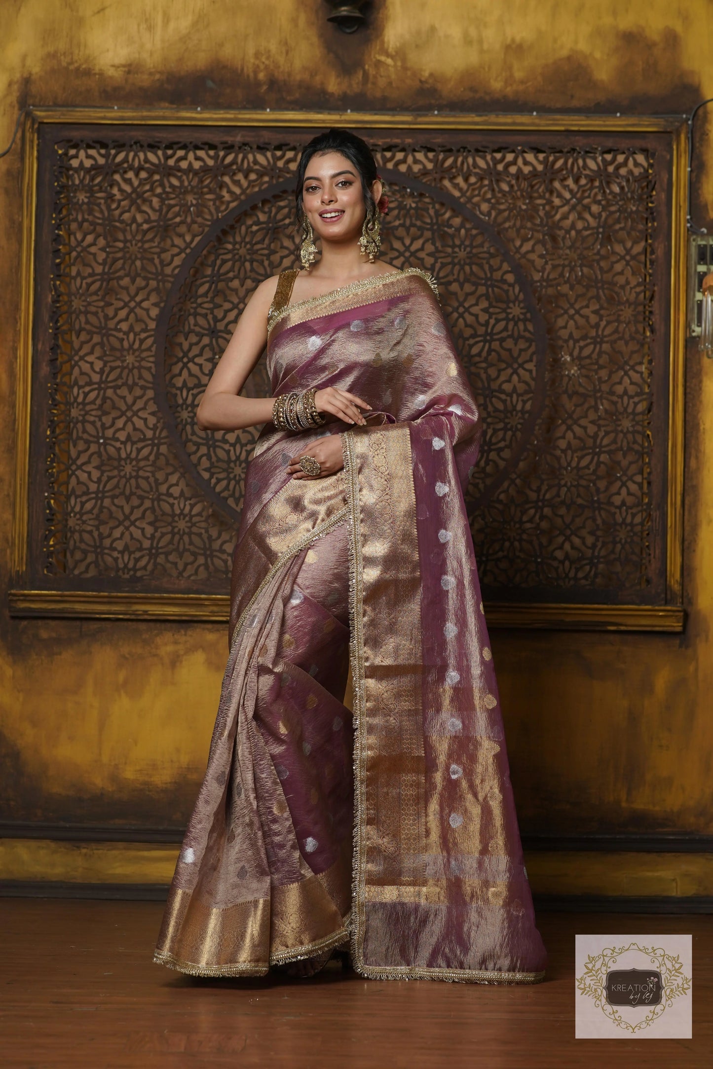 Light Purple Tissue Banarasi Saree with Golden Border kreationbykj