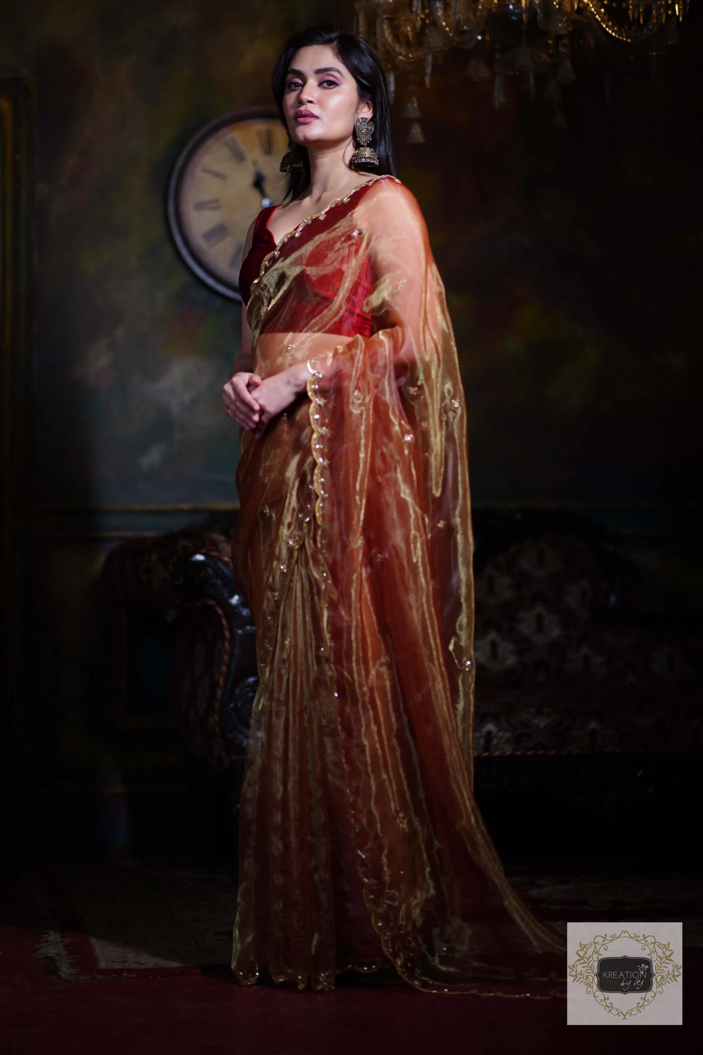 Golden Auburn Glass Tissue Piyali Saree kreationbykj