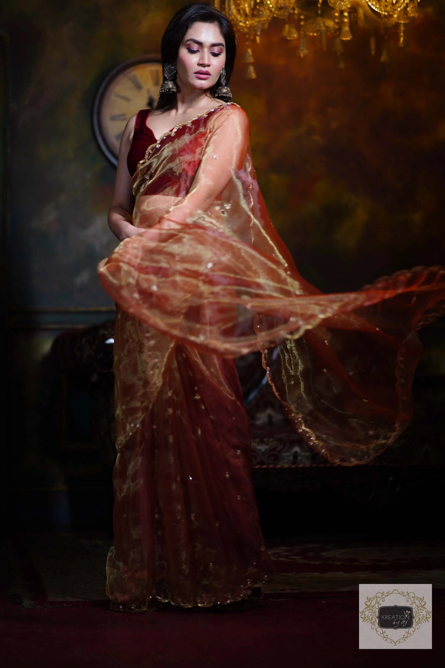 Golden Auburn Glass Tissue Piyali Saree kreationbykj