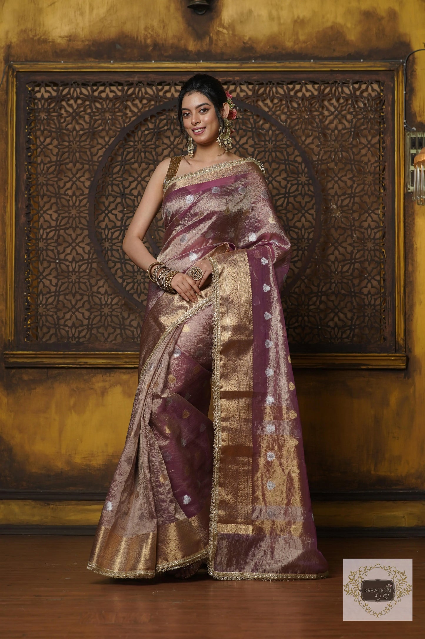Light Purple Tissue Banarasi Saree with Golden Border kreationbykj