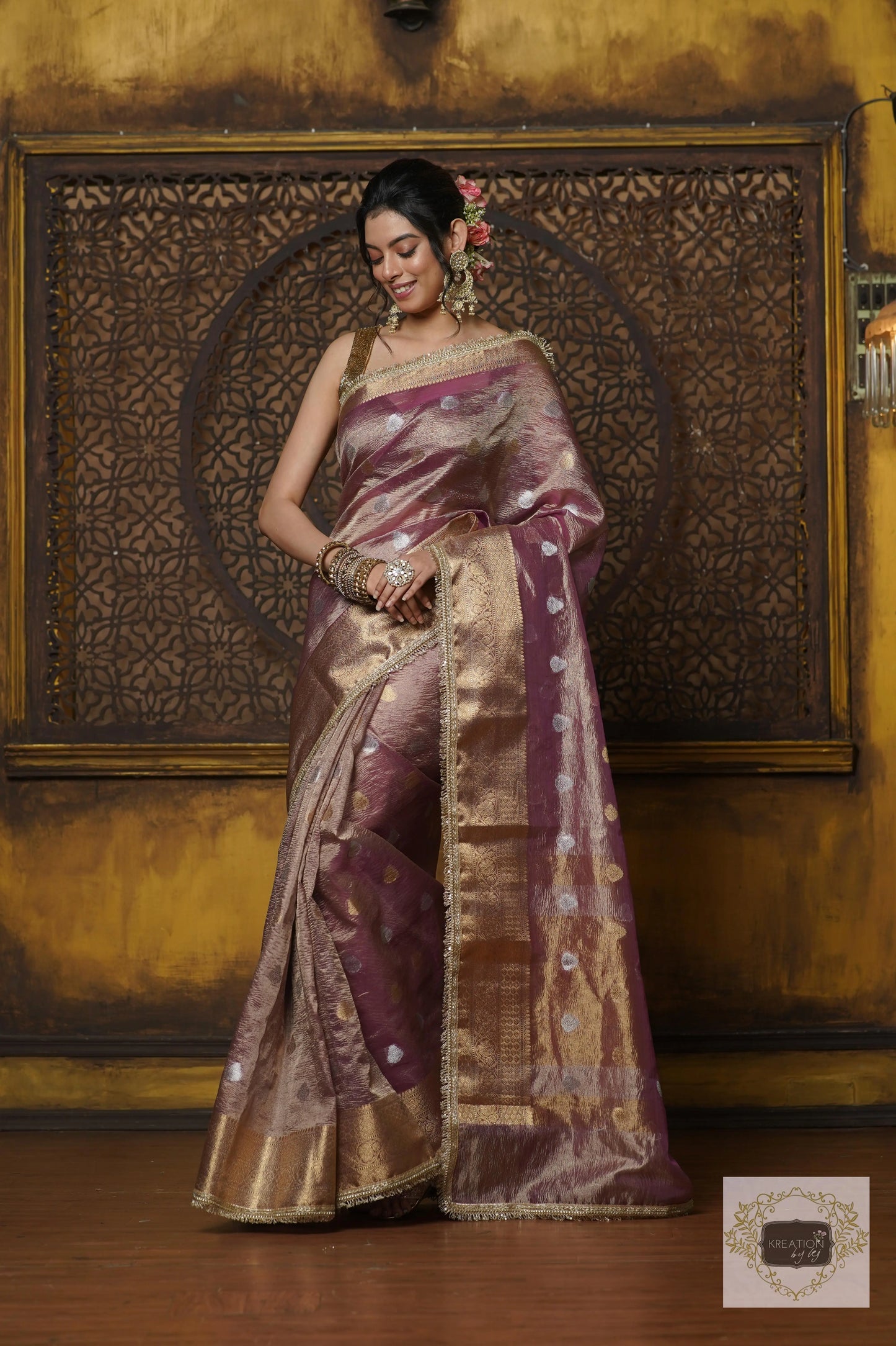 Light Purple Tissue Banarasi Saree with Golden Border kreationbykj