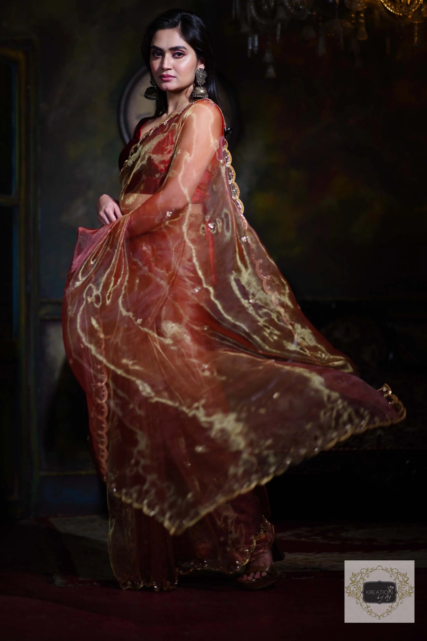 Golden Auburn Glass Tissue Piyali Saree kreationbykj