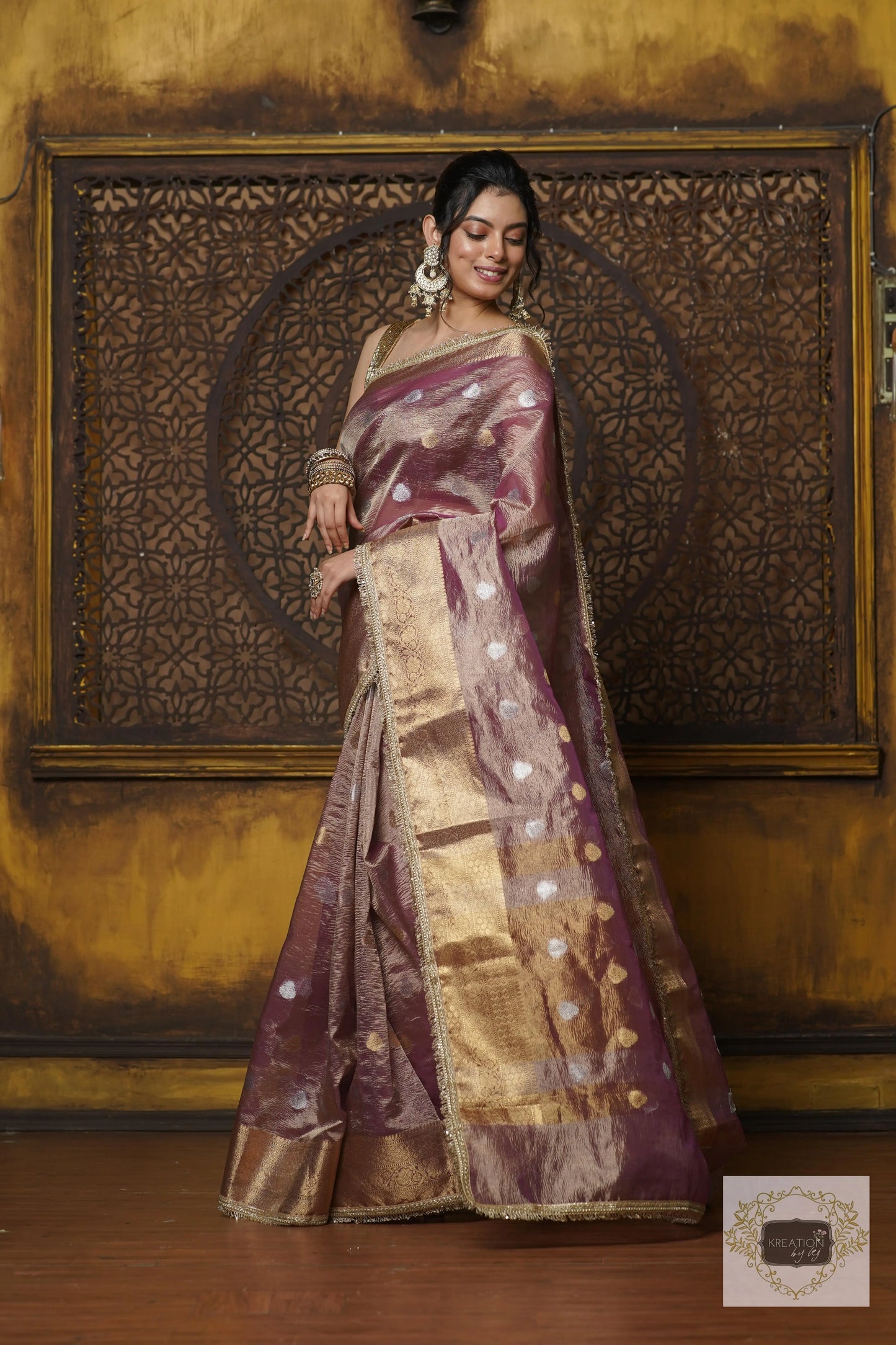 Light Purple Tissue Banarasi Saree with Golden Border kreationbykj
