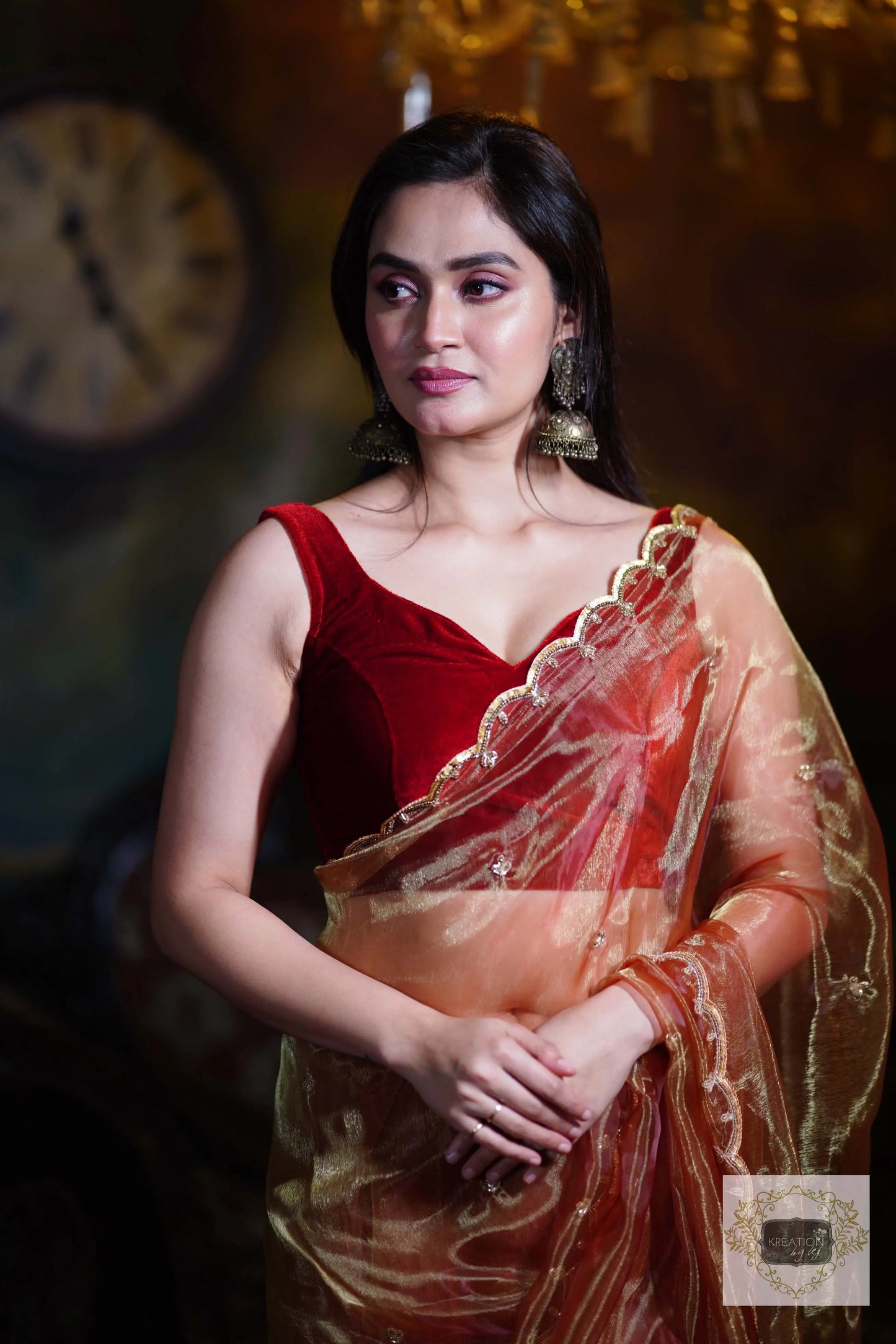 Golden Auburn Glass Tissue Piyali Saree kreationbykj