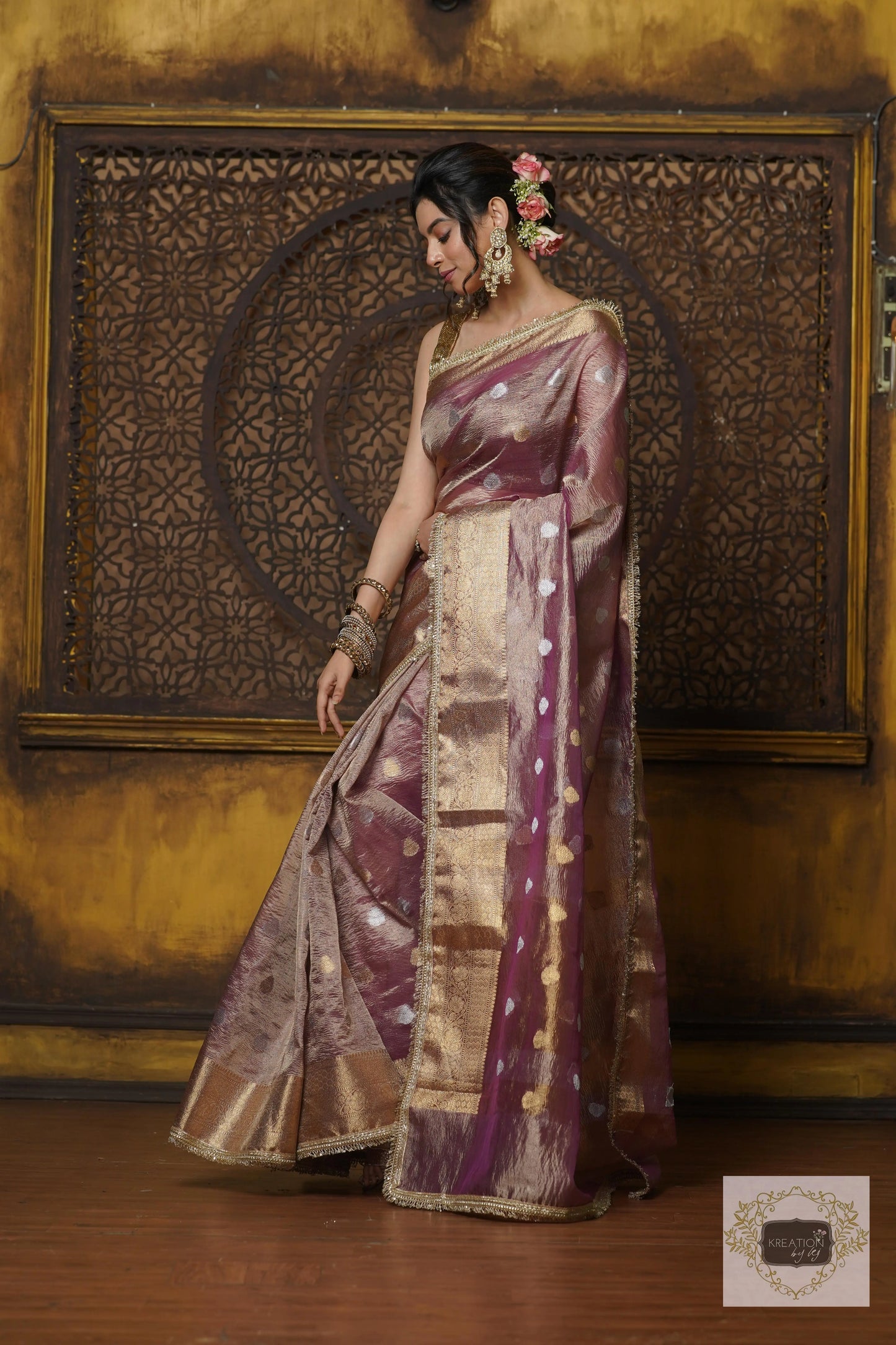 Light Purple Tissue Banarasi Saree with Golden Border kreationbykj