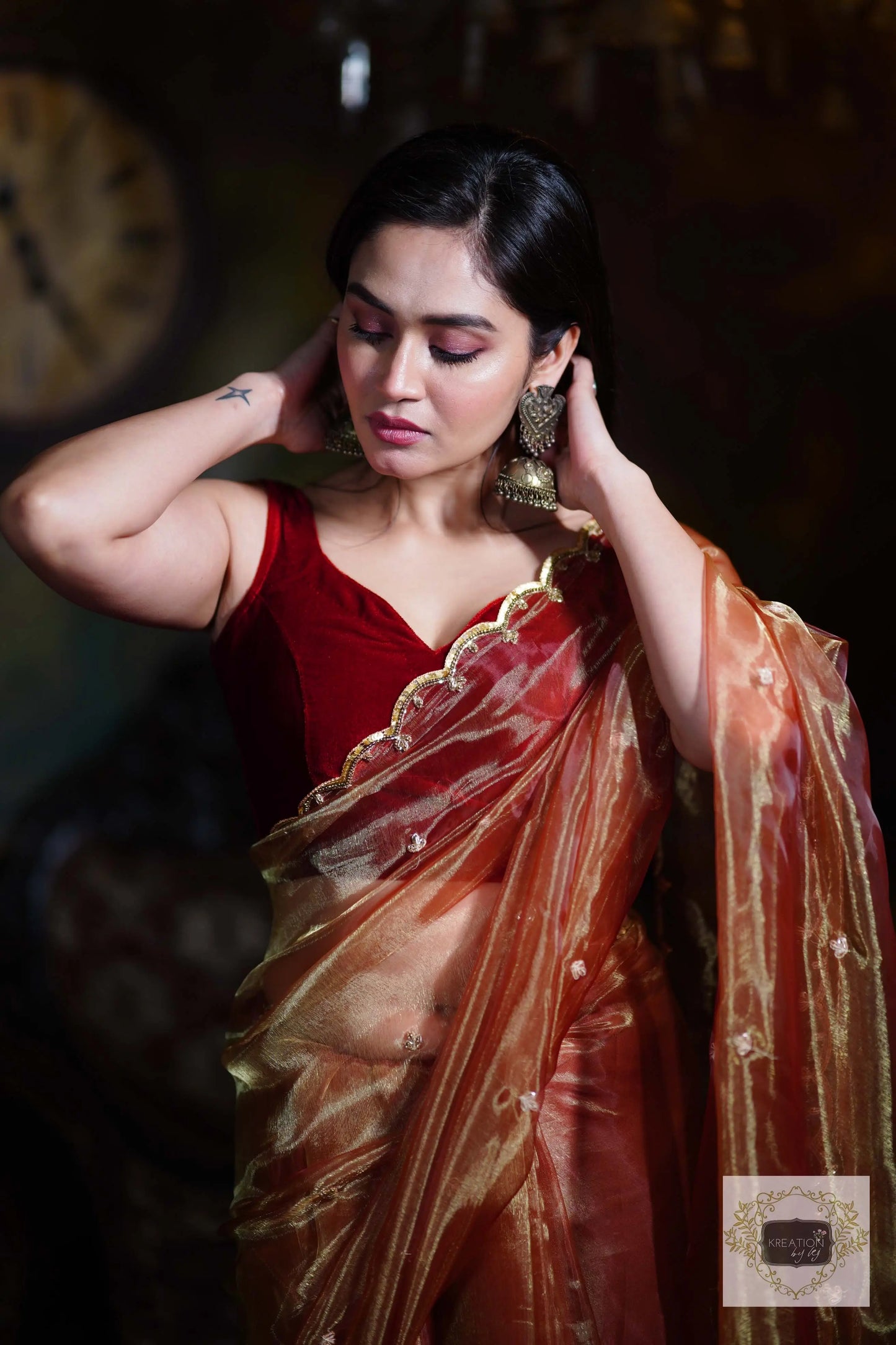 Golden Auburn Glass Tissue Piyali Saree kreationbykj