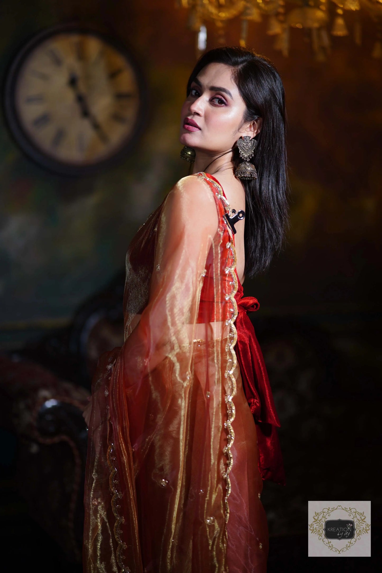 Golden Auburn Glass Tissue Piyali Saree kreationbykj