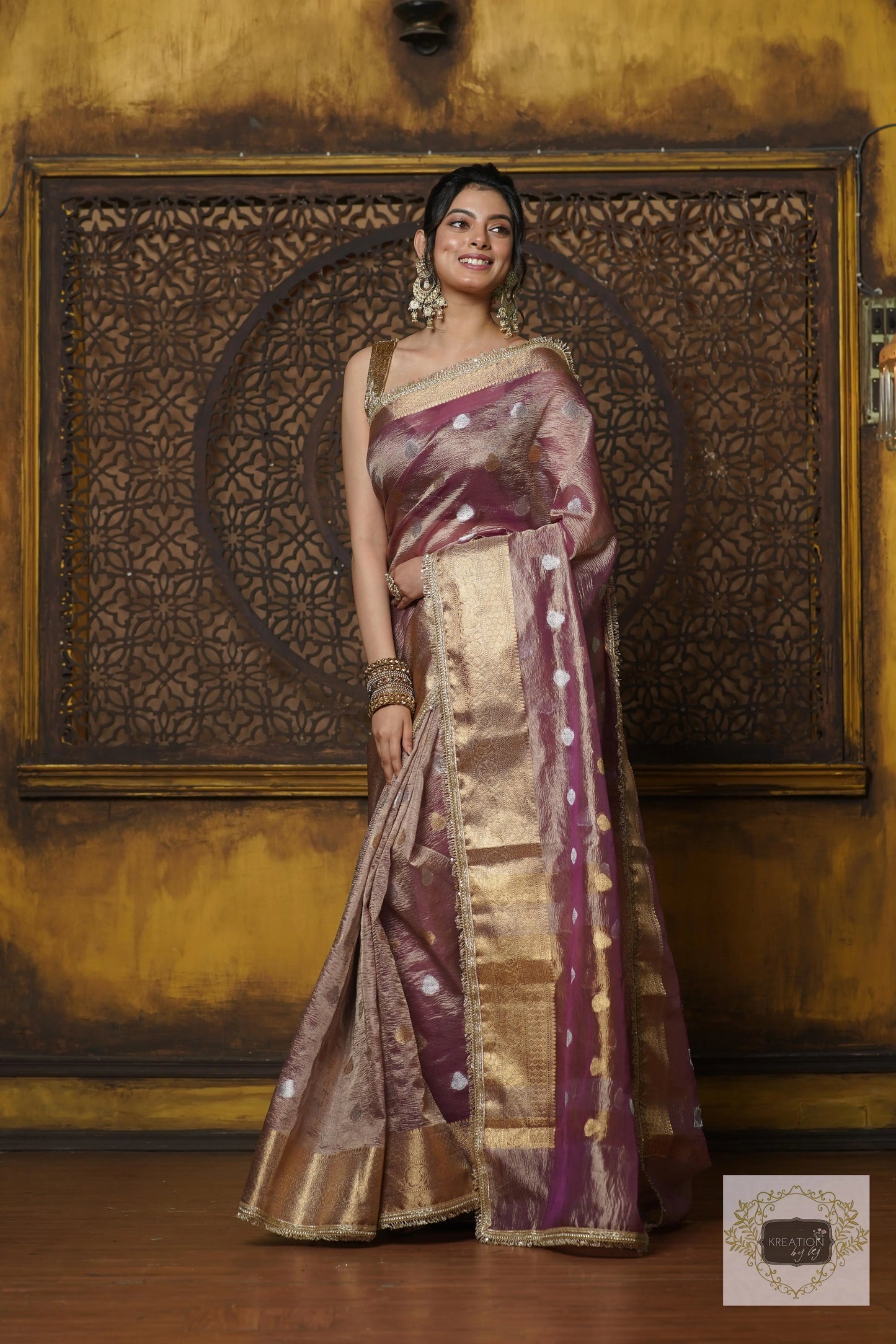 Light Purple Tissue Banarasi Saree with Golden Border kreationbykj