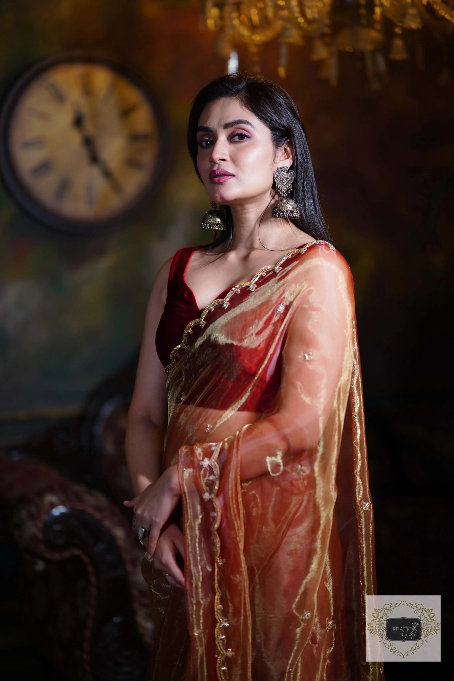 Golden Auburn Glass Tissue Piyali Saree kreationbykj