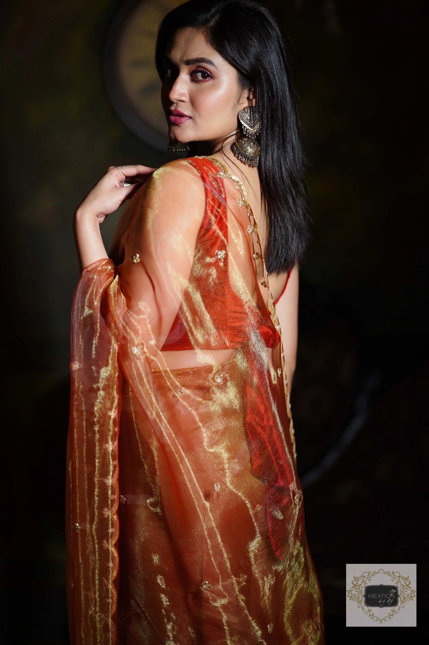 Golden Auburn Glass Tissue Piyali Saree kreationbykj