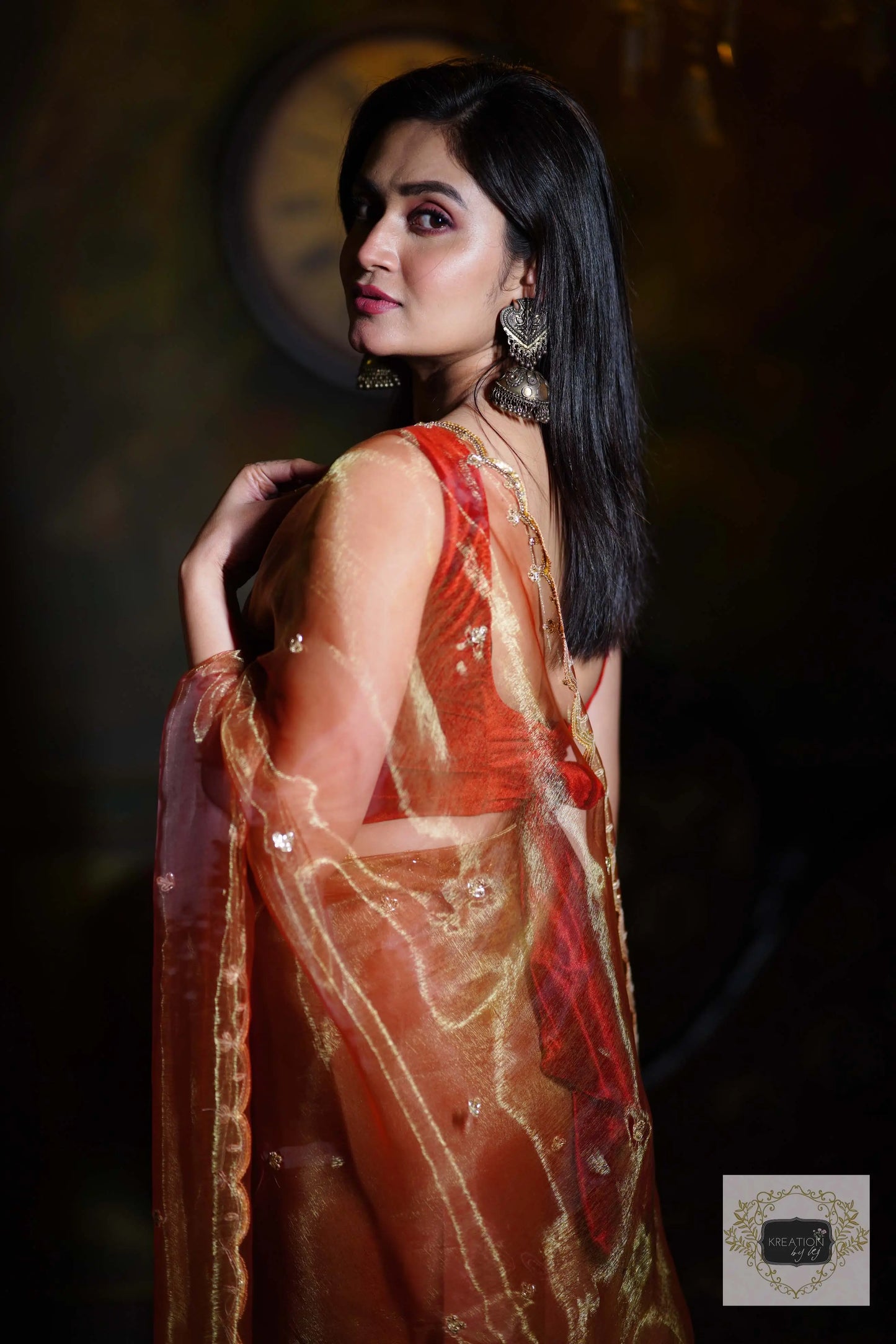 Golden Auburn Glass Tissue Piyali Saree kreationbykj