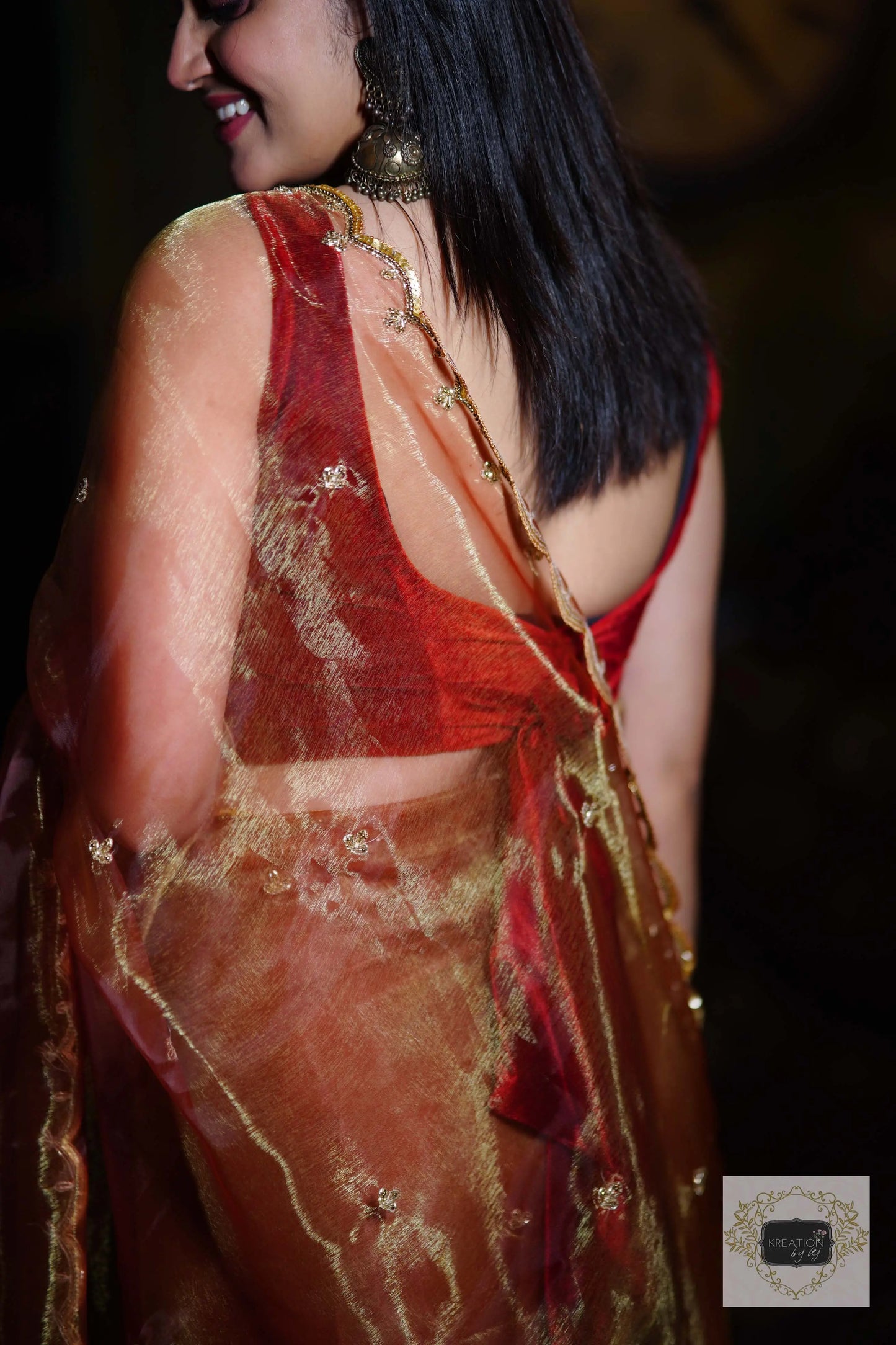 Golden Auburn Glass Tissue Piyali Saree kreationbykj