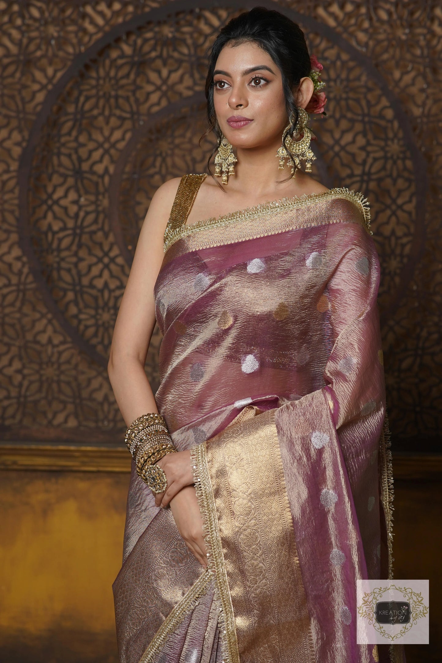Light Purple Tissue Banarasi Saree with Golden Border kreationbykj