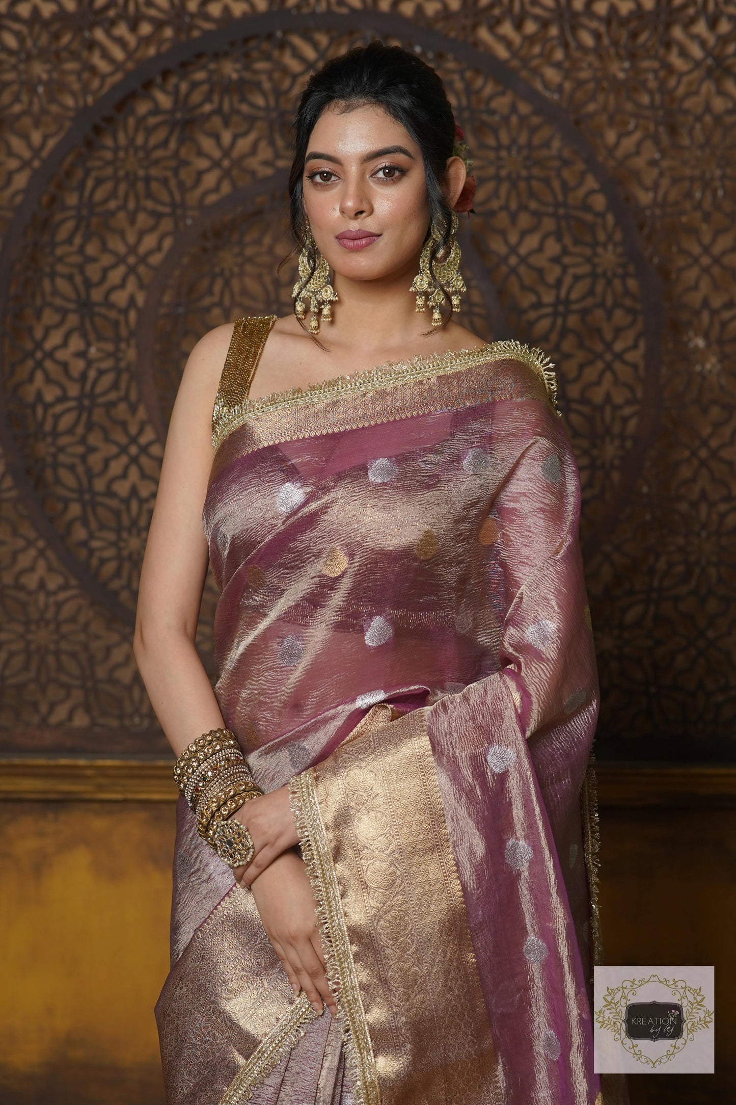 Light Purple Tissue Banarasi Saree with Golden Border kreationbykj